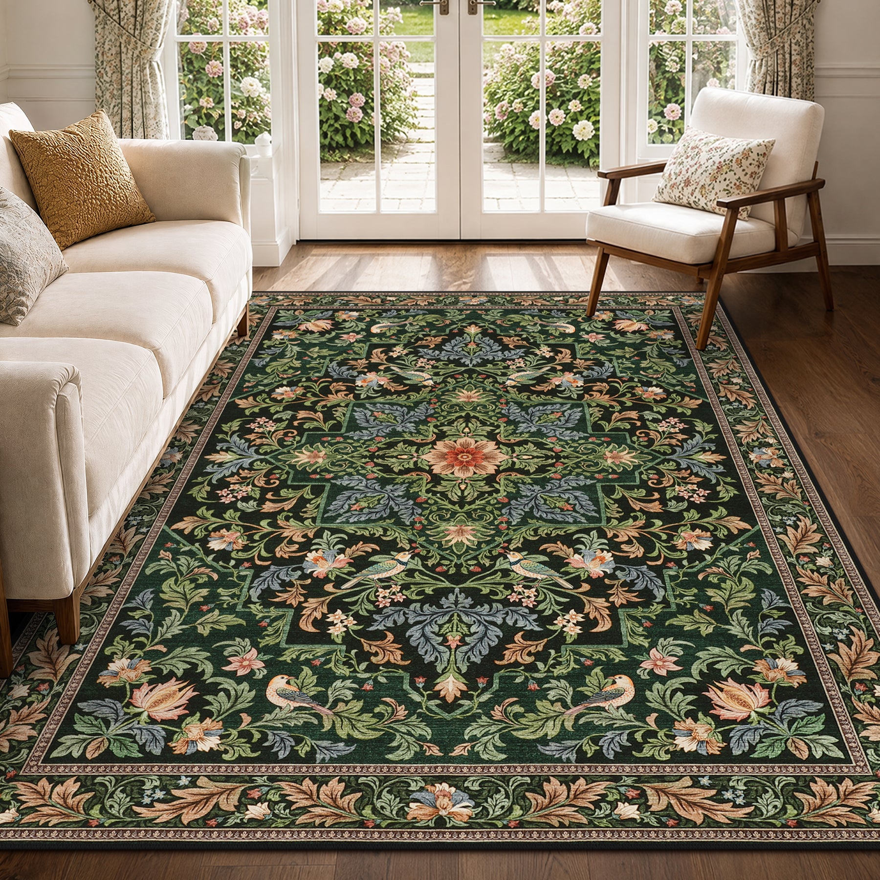 Floral Bird Area Rug, Machine Washable Boho Rug in Green & Blue, 5x7 / 8x10, Non-Slip Indoor Outdoor Living Room