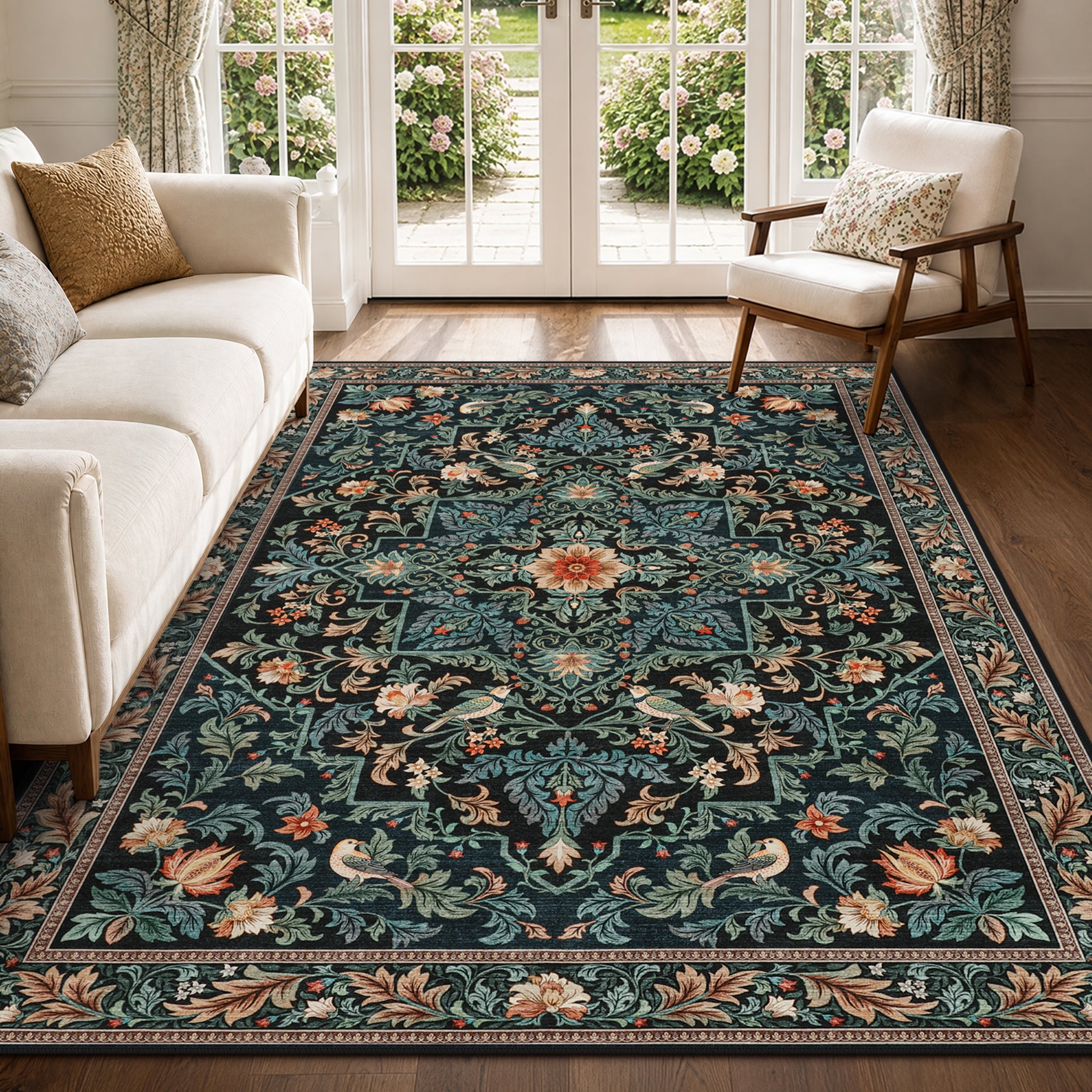 Floral Bird Area Rug, Machine Washable Boho Rug in Green & Blue, 5x7 / 8x10, Non-Slip Indoor Outdoor Living Room