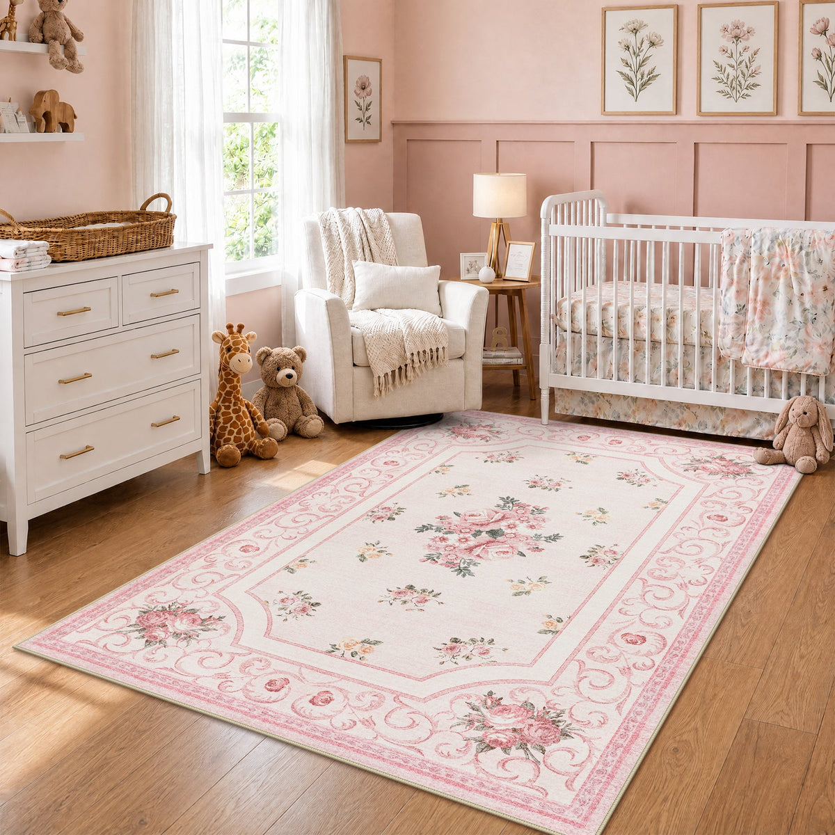 5x7/8x10 Boho Floral Area Rug, Vintage Soft Washable Low Pile Nursery Living Room Carpet, Oeko-Tex Certified