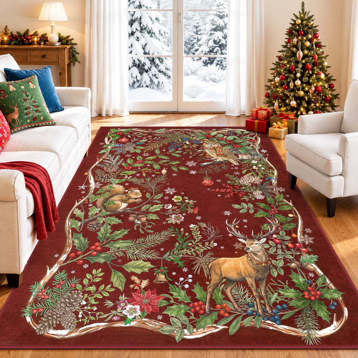 Christmas Tree Area Rug - Washable Non-Slip Holiday Carpet for Living Room Bedroom