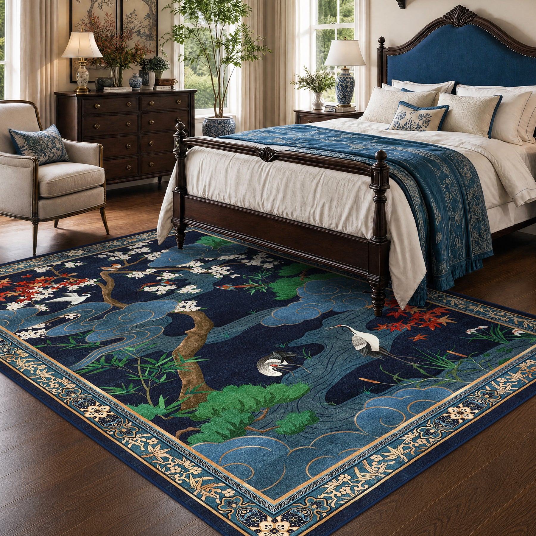 Floral Cherry Blossom Oriental Rug – Soft Non-Slip Washable Carpet for Living Room, Bedroom, Oeko-Tex Certified