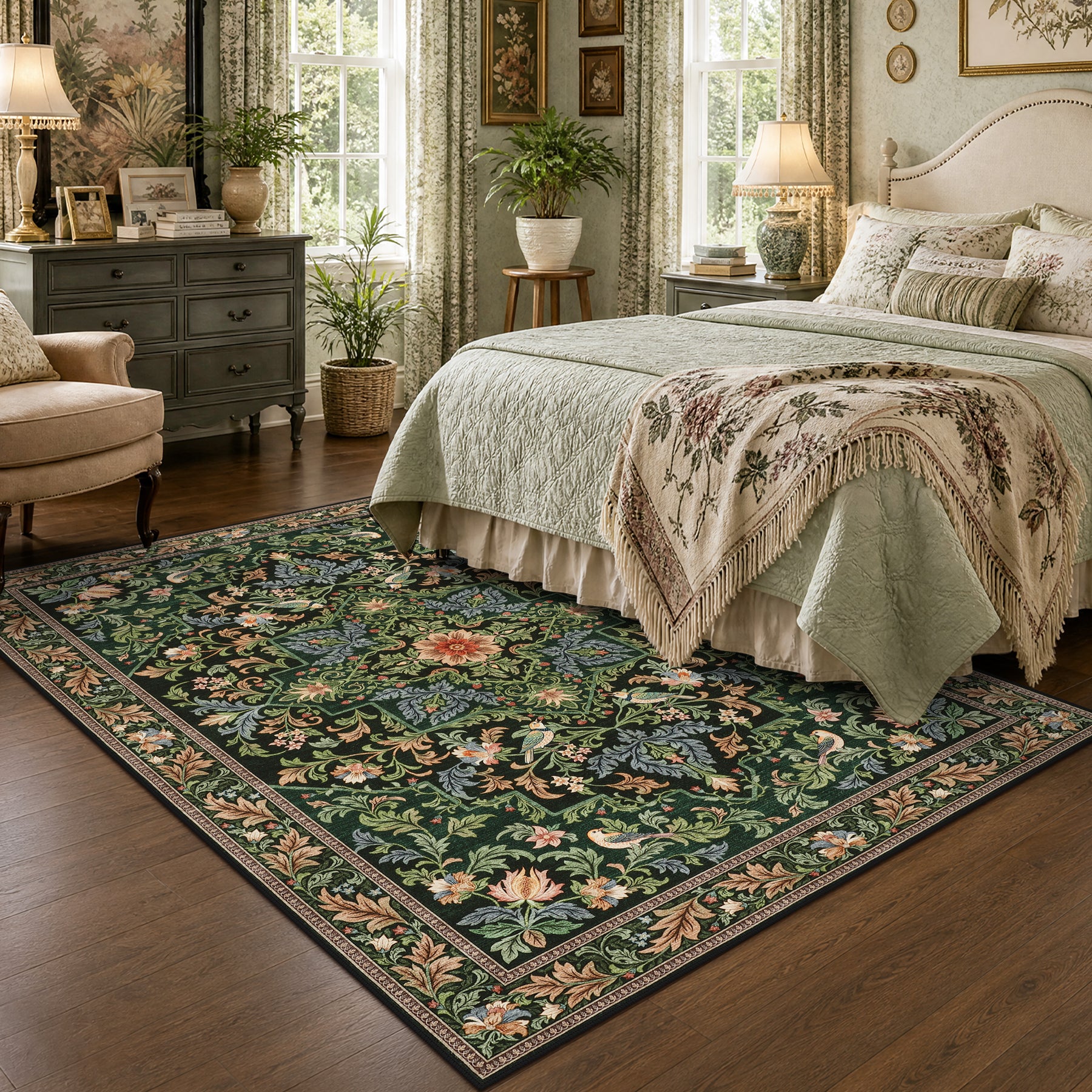 Floral Bird Area Rug, Machine Washable Boho Rug in Green & Blue, 5x7 / 8x10, Non-Slip Indoor Outdoor Living Room