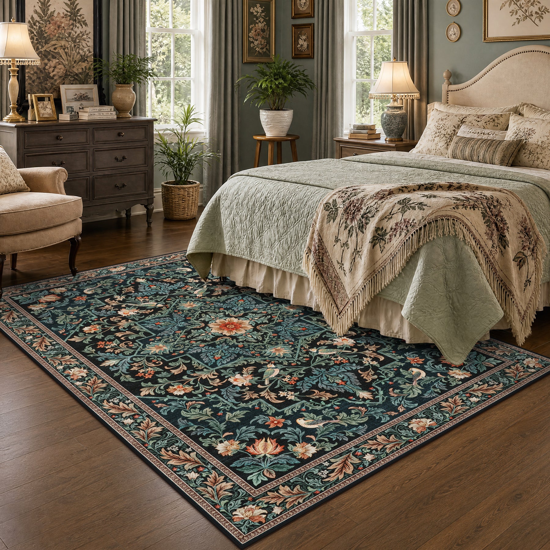 Floral Bird Area Rug, Machine Washable Boho Rug in Green & Blue, 5x7 / 8x10, Non-Slip Indoor Outdoor Living Room