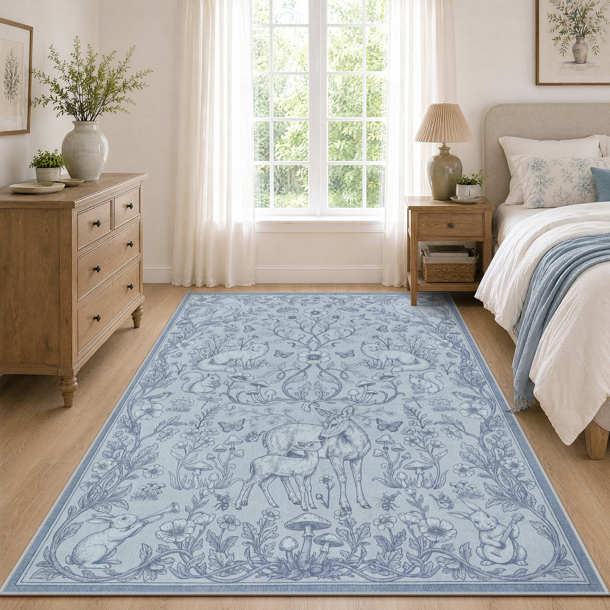 Whimsical Woodland Botanical Area Rug, Soft Low Pile Washable Non Slip Indoor Carpet