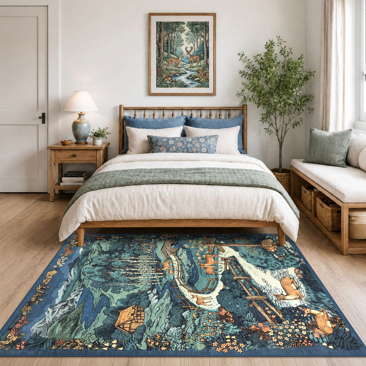 Washable Area Rug, Forest Deer Illustration Print, Non-Slip Soft Low-Pile, Living Room Animal Rug
