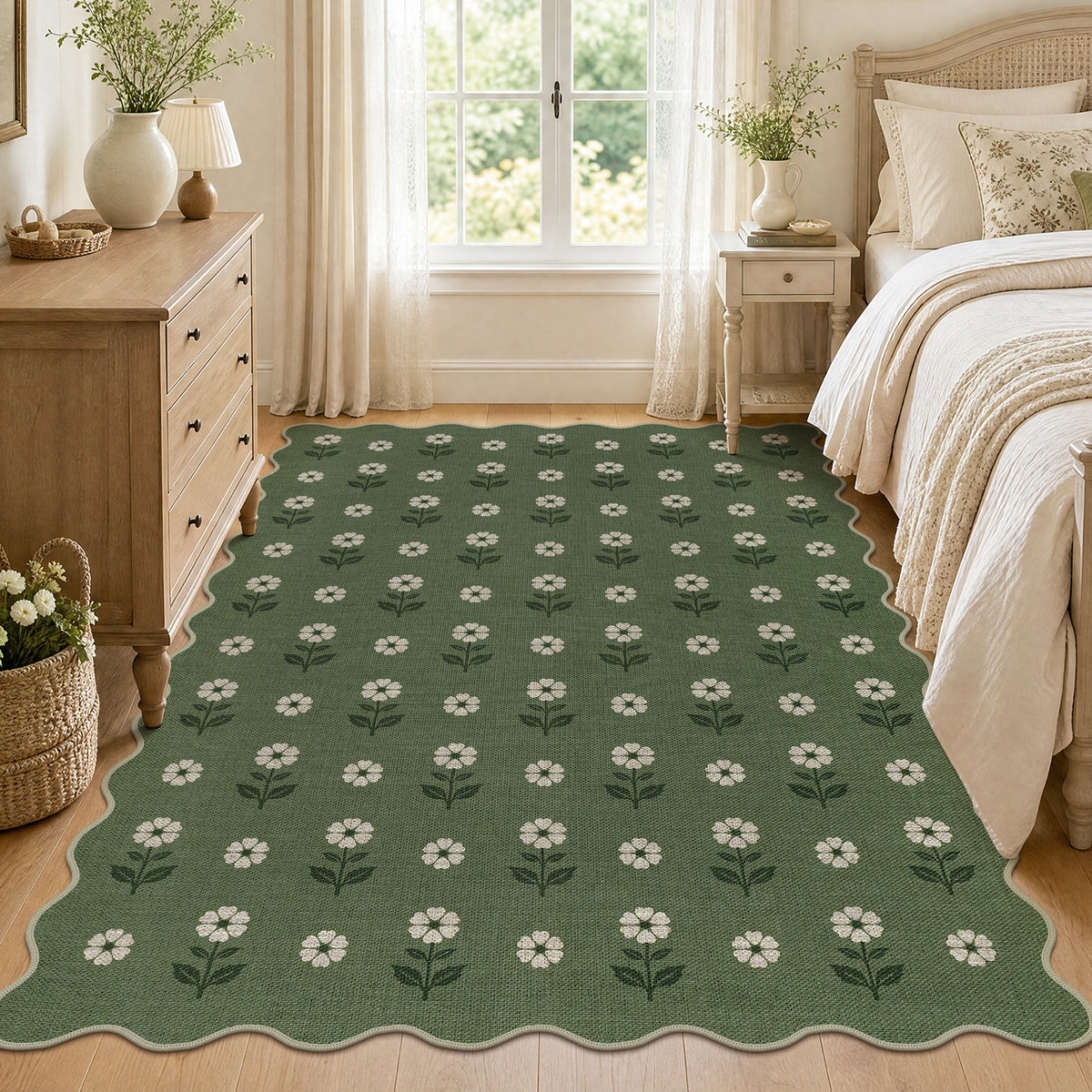 Tribesigns Hallway Tan Green Scalloped Easy Jute Kitchen Runner Rug