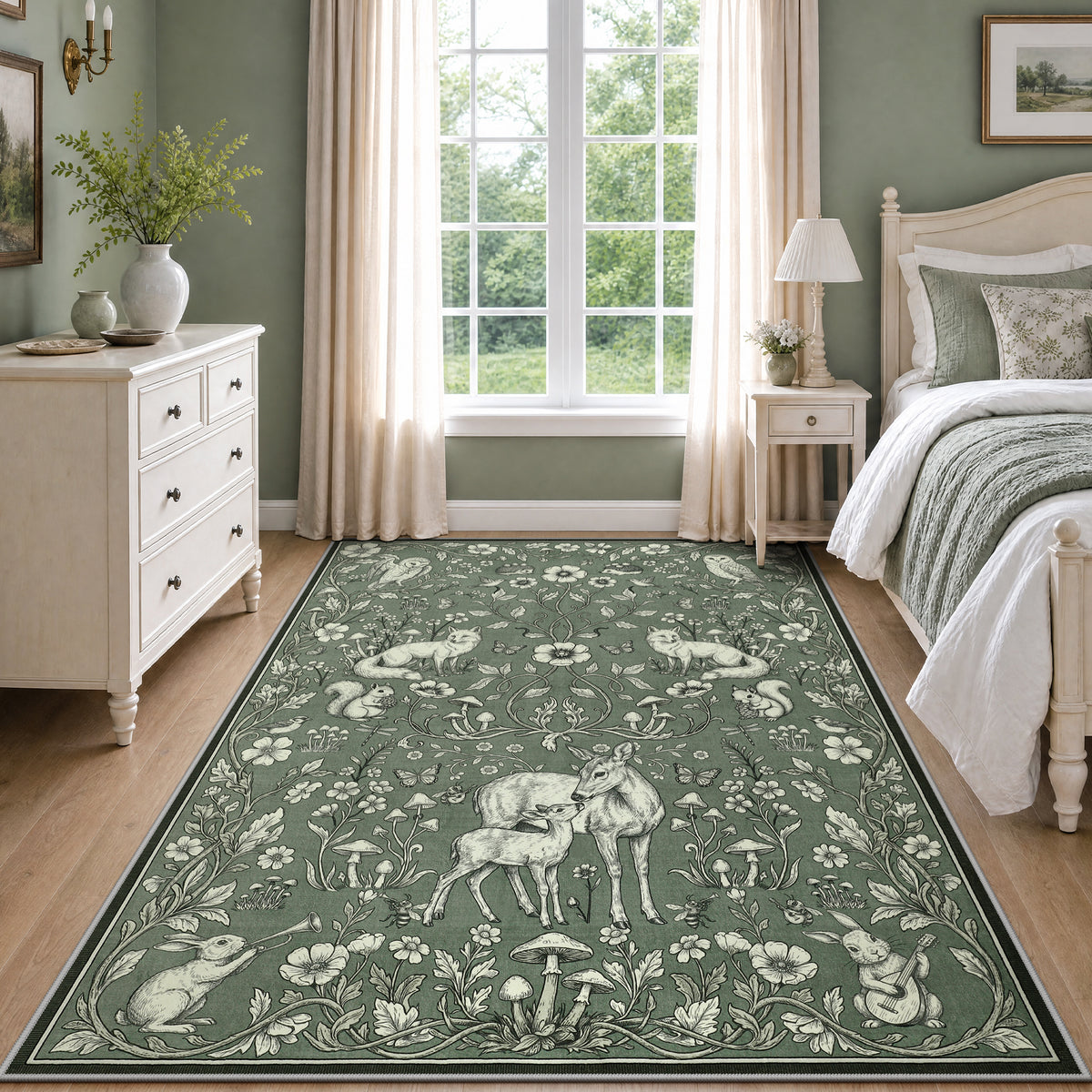 Whimsical Woodland Botanical Area Rug, Soft Low Pile Washable Non Slip Indoor Carpet