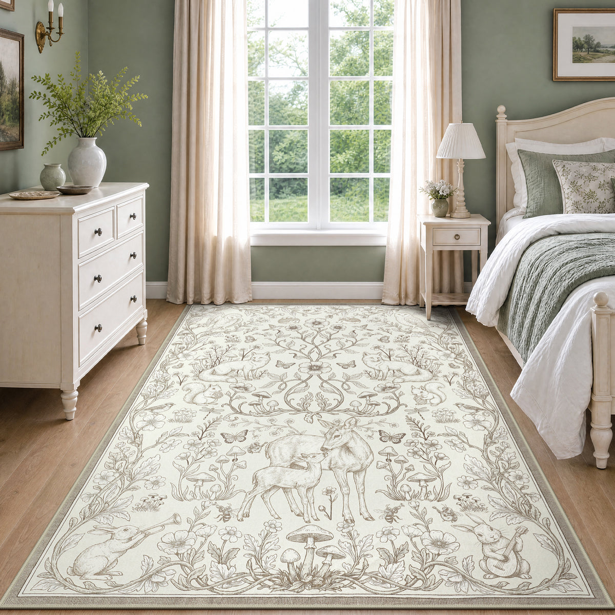 Whimsical Woodland Botanical Area Rug, Soft Low Pile Washable Non Slip Indoor Carpet