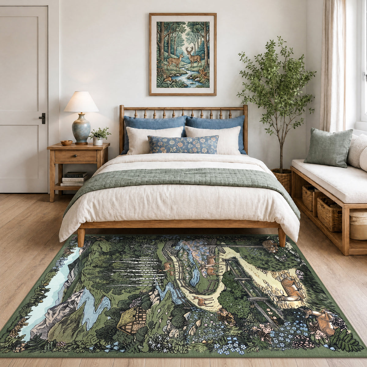 Washable Area Rug, Forest Deer Illustration Print, Non-Slip Soft Low-Pile, Living Room Animal Rug