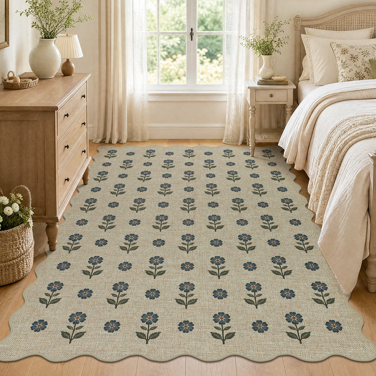 Tribesigns Hallway Tan Green Scalloped Easy Jute Kitchen Runner Rug