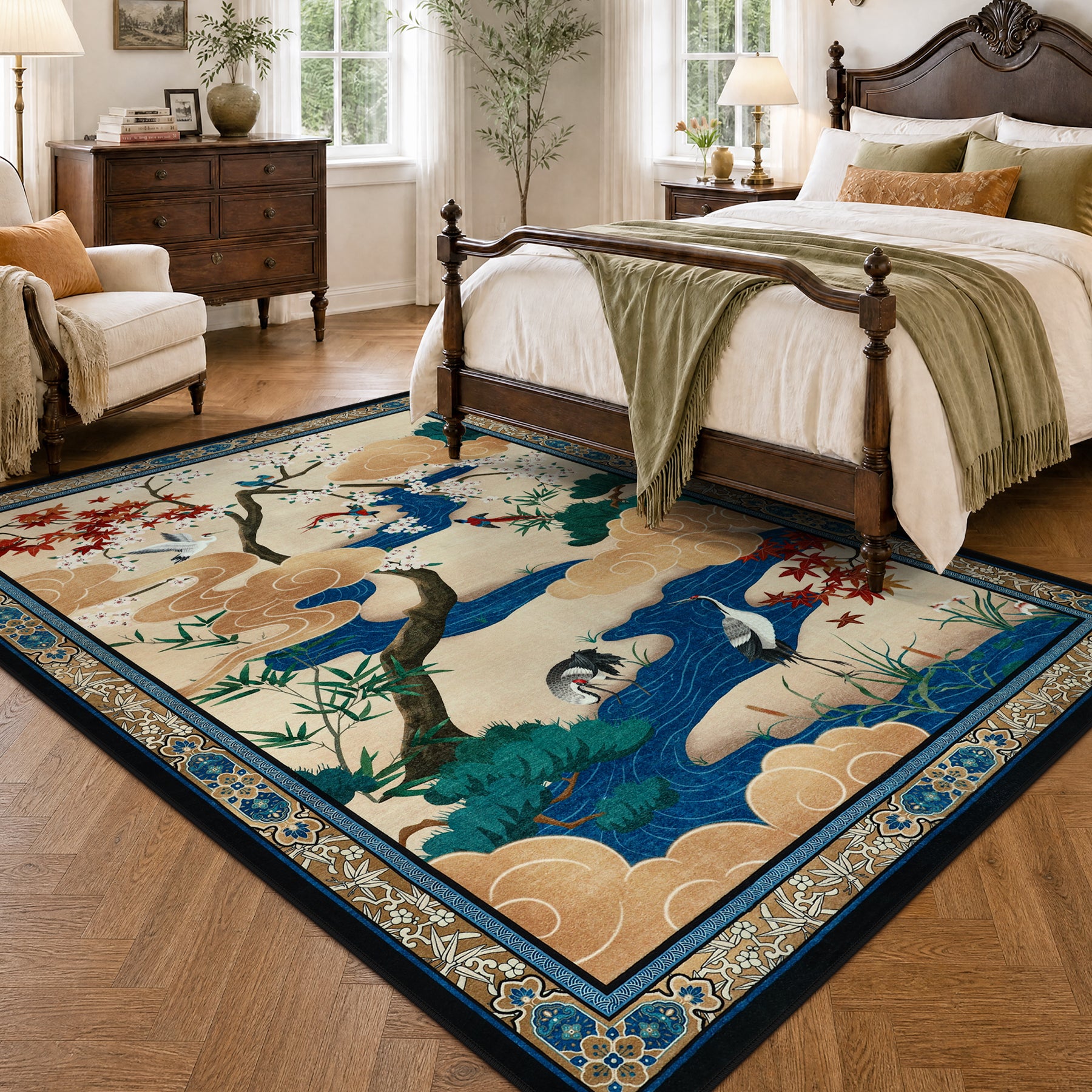 Floral Cherry Blossom Oriental Rug – Soft Non-Slip Washable Carpet for Living Room, Bedroom, Oeko-Tex Certified