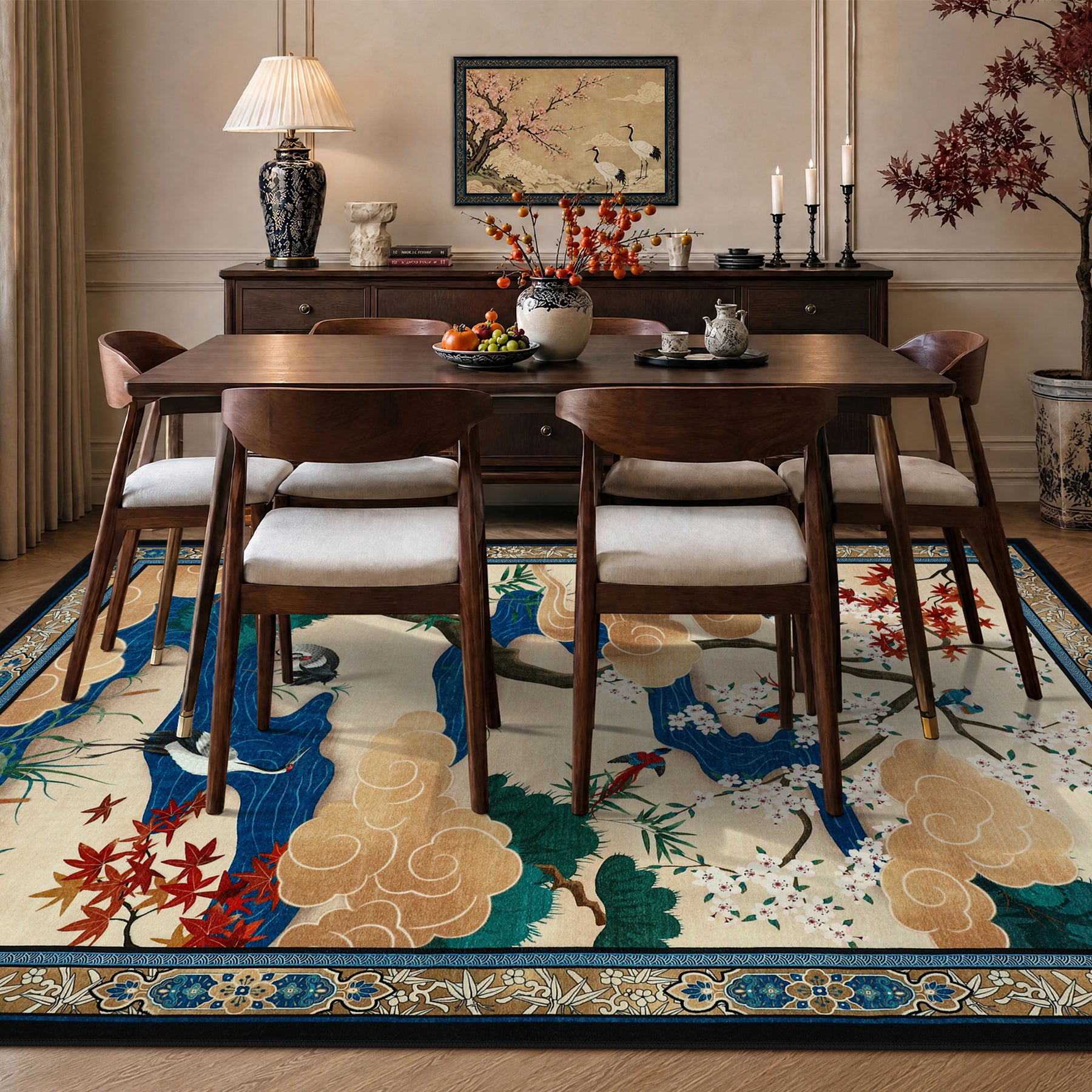 Floral Cherry Blossom Oriental Rug – Soft Non-Slip Washable Carpet for Living Room, Bedroom, Oeko-Tex Certified