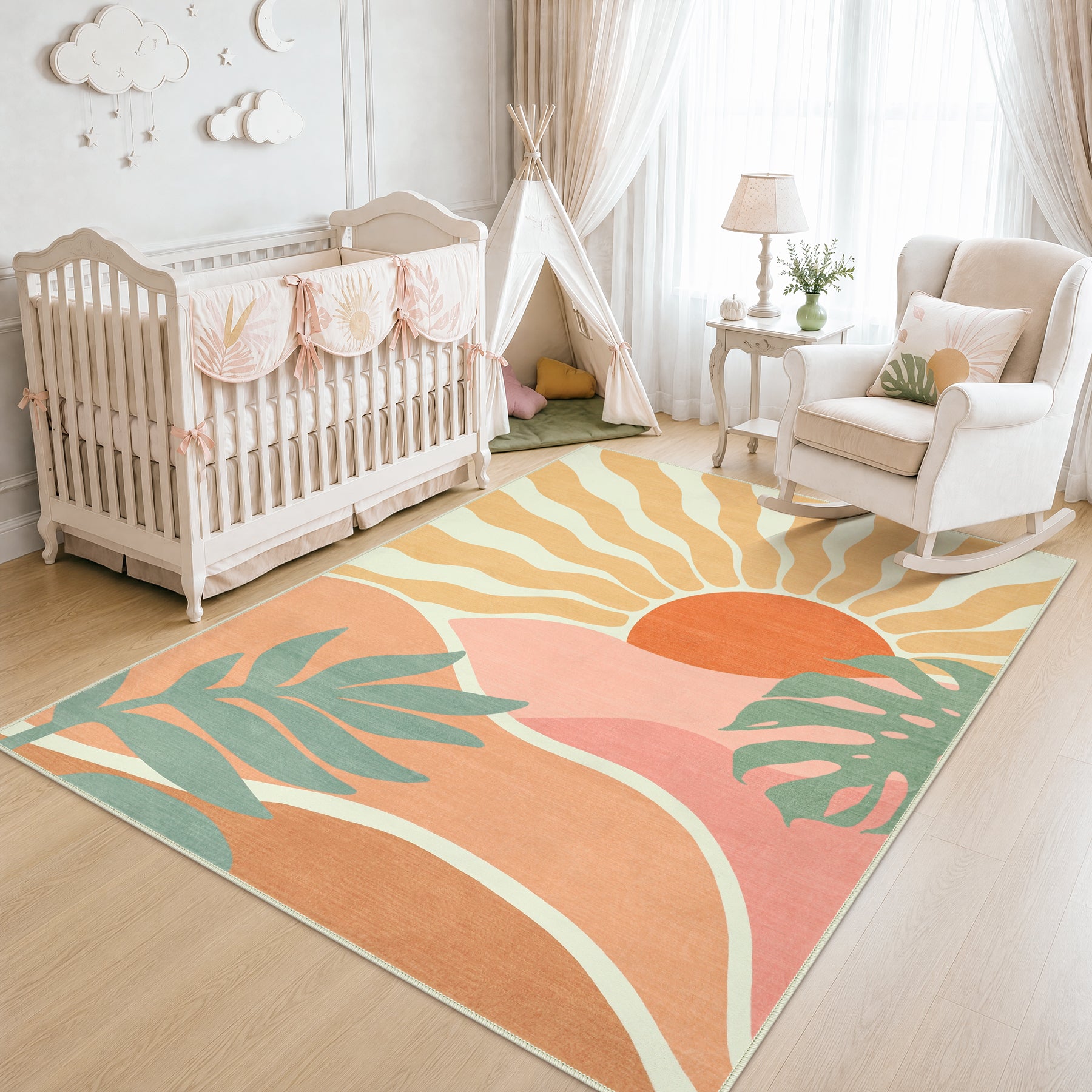 Boho Sun Area Rug, Machine Washable Faux Wool Rug, Non-Slip, Kid & Pet Friendly, Washable Living Room Carpet