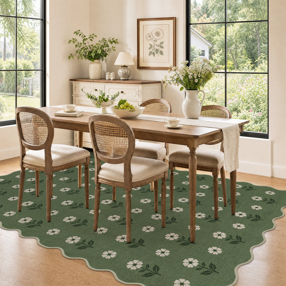 Tribesigns Hallway Tan Green Scalloped Easy Jute Kitchen Runner Rug