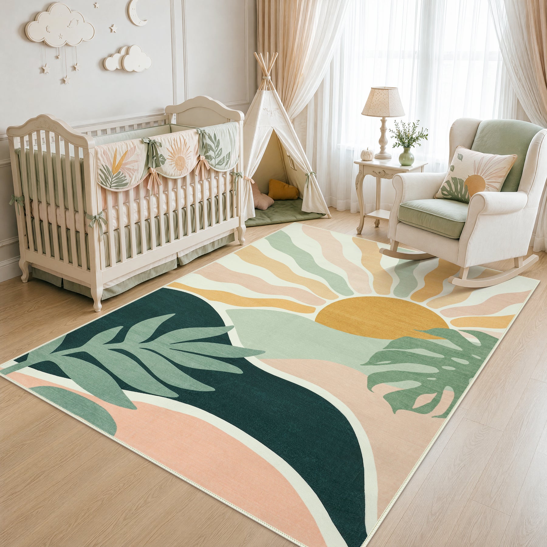 Boho Sun Area Rug, Machine Washable Faux Wool Rug, Non-Slip, Kid & Pet Friendly, Washable Living Room Carpet