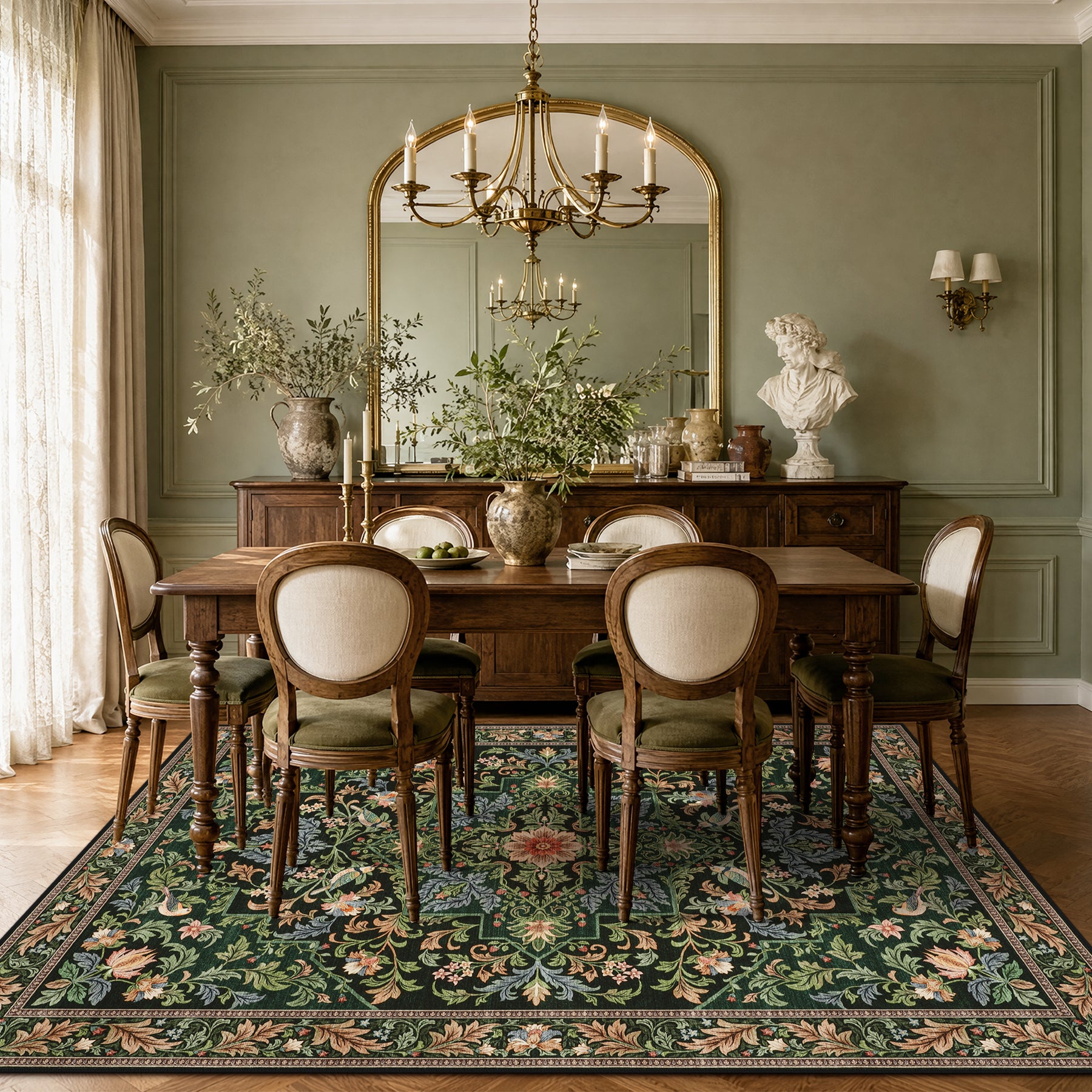 Floral Bird Area Rug, Machine Washable Boho Rug in Green & Blue, 5x7 / 8x10, Non-Slip Indoor Outdoor Living Room