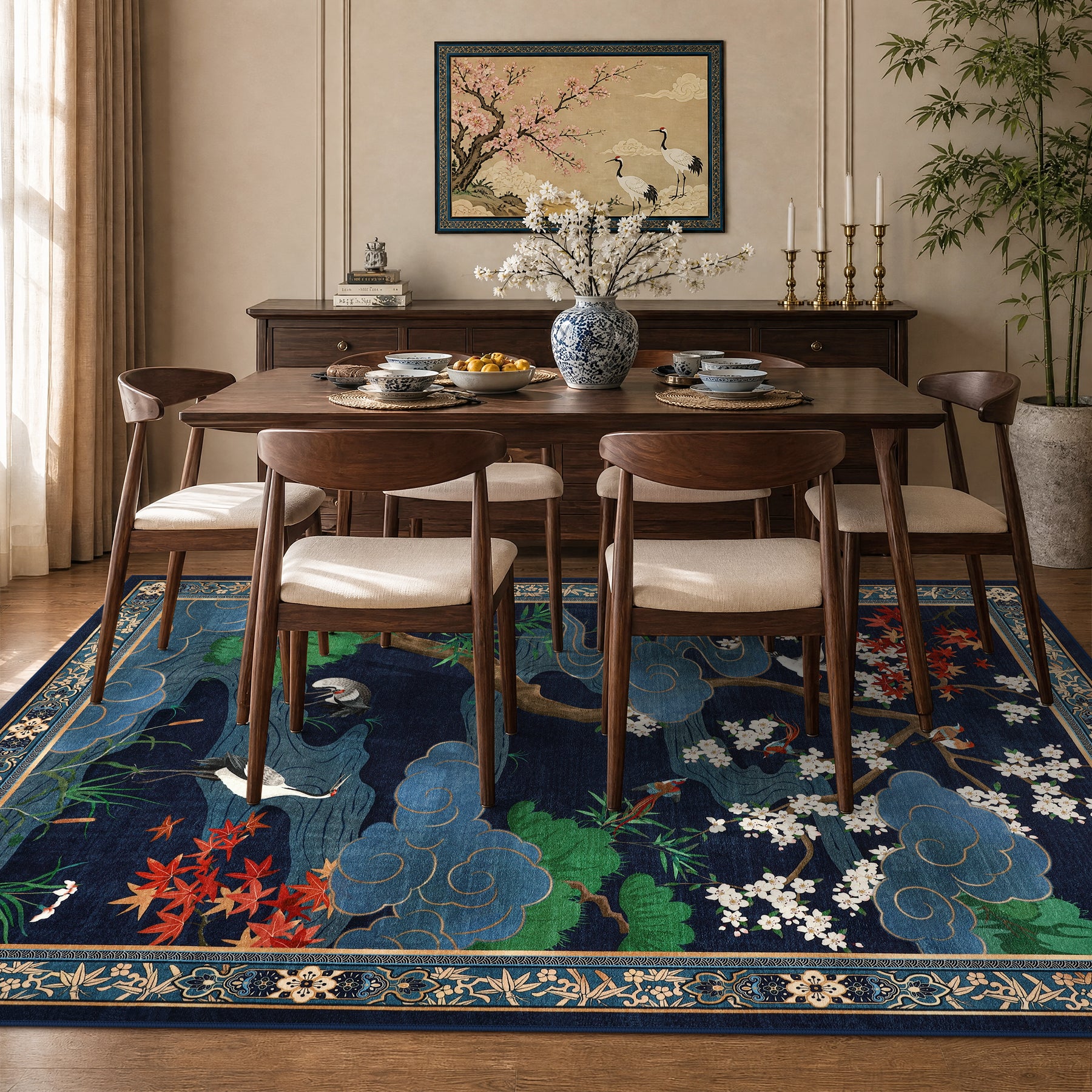 Floral Cherry Blossom Oriental Rug – Soft Non-Slip Washable Carpet for Living Room, Bedroom, Oeko-Tex Certified