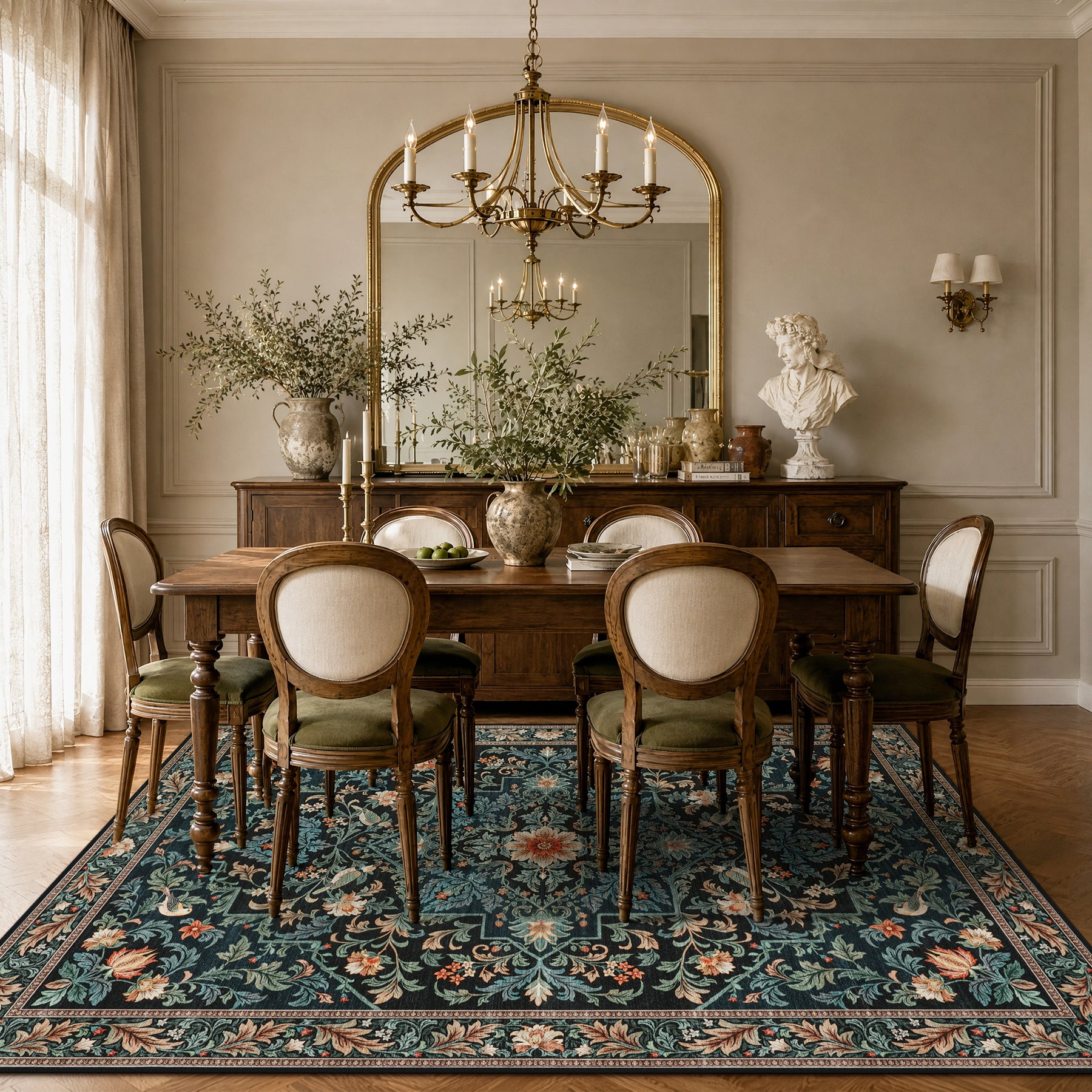 Floral Bird Area Rug, Machine Washable Boho Rug in Green & Blue, 5x7 / 8x10, Non-Slip Indoor Outdoor Living Room