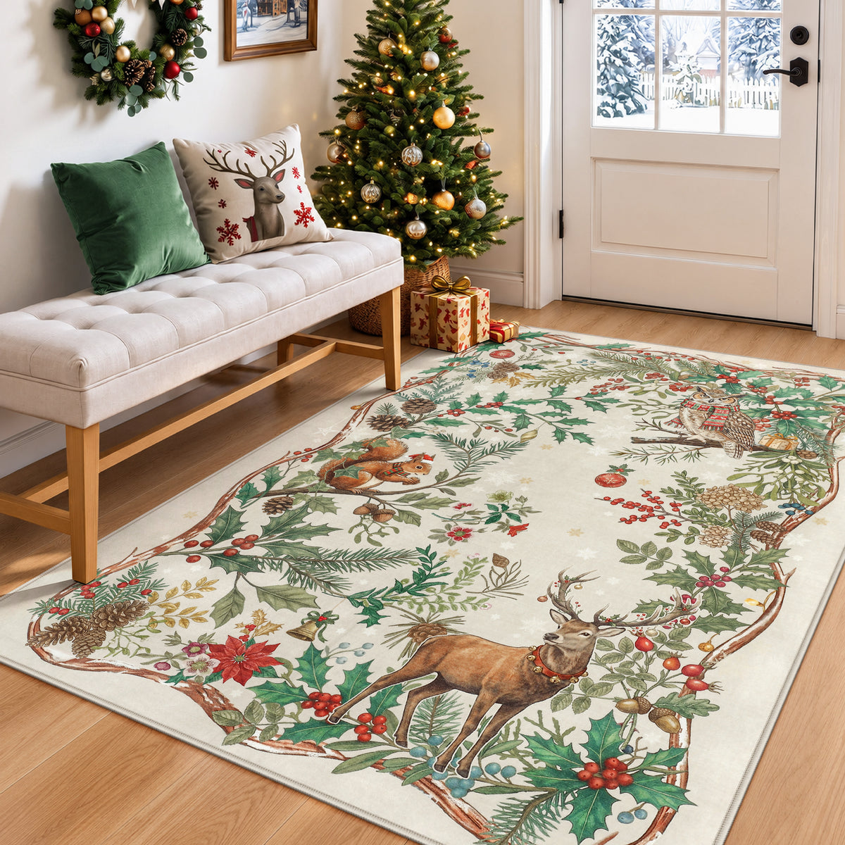 Christmas Tree Area Rug - Washable Non-Slip Holiday Carpet for Living Room Bedroom