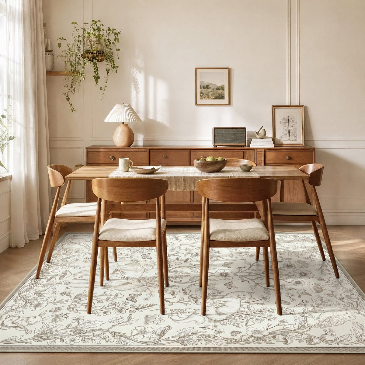 Whimsical Woodland Botanical Area Rug, Soft Low Pile Washable Non Slip Indoor Carpet