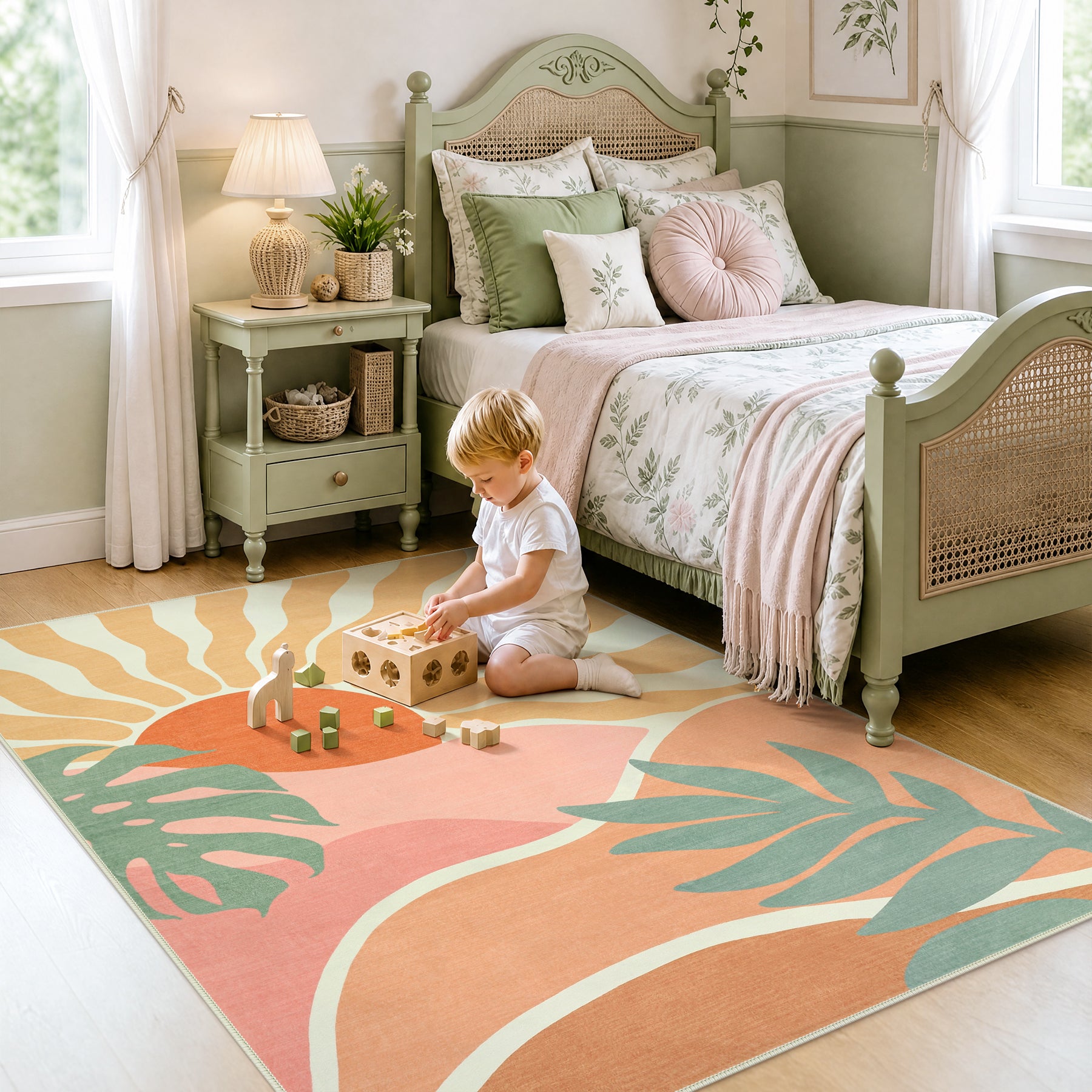 Boho Sun Area Rug, Machine Washable Faux Wool Rug, Non-Slip, Kid & Pet Friendly, Washable Living Room Carpet