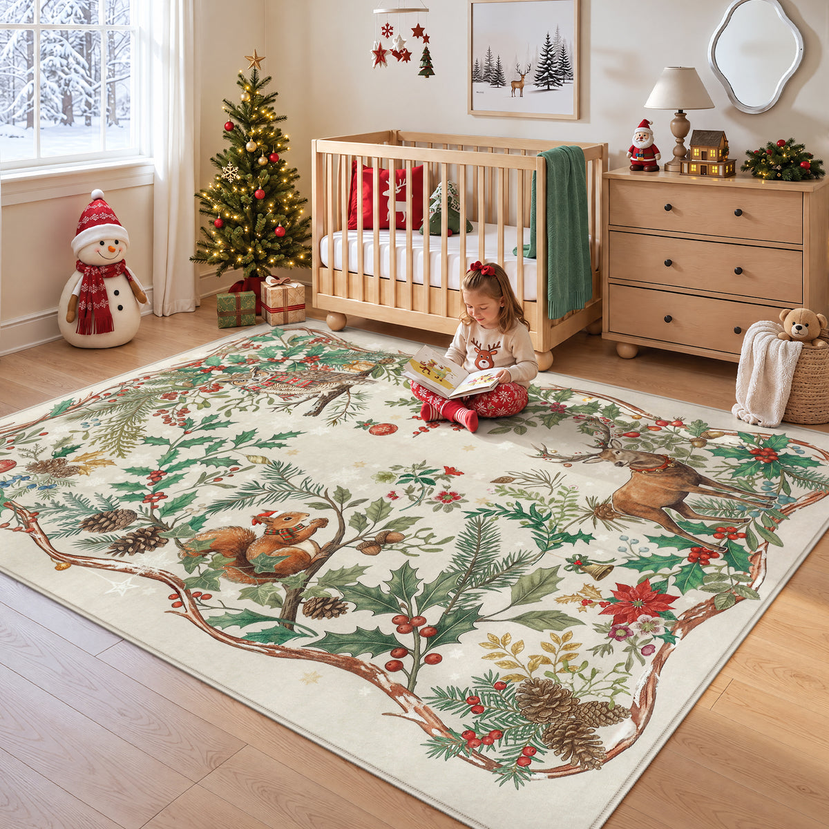 Christmas Tree Area Rug - Washable Non-Slip Holiday Carpet for Living Room Bedroom