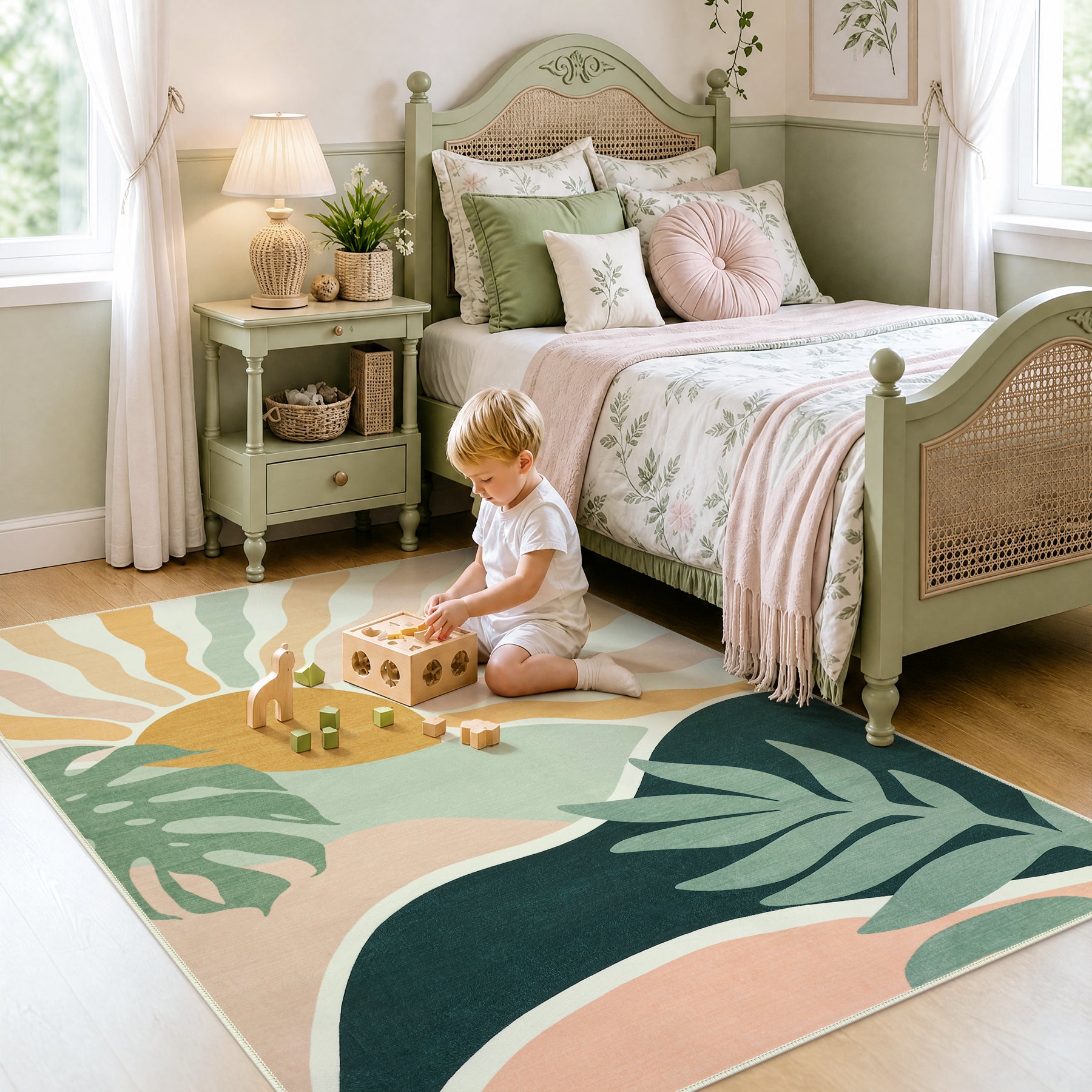 Boho Sun Area Rug, Machine Washable Faux Wool Rug, Non-Slip, Kid & Pet Friendly, Washable Living Room Carpet