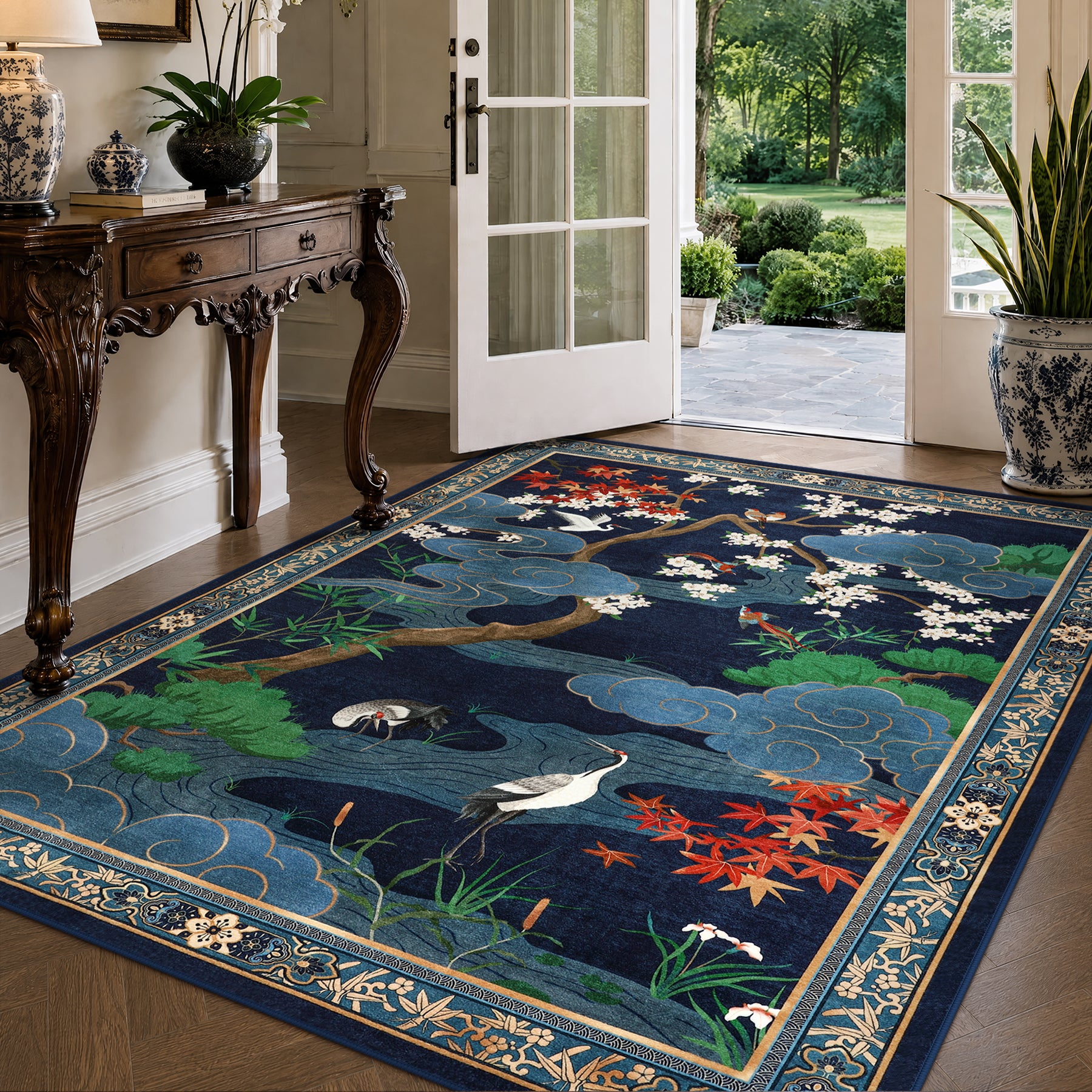 Floral Cherry Blossom Oriental Rug – Soft Non-Slip Washable Carpet for Living Room, Bedroom, Oeko-Tex Certified
