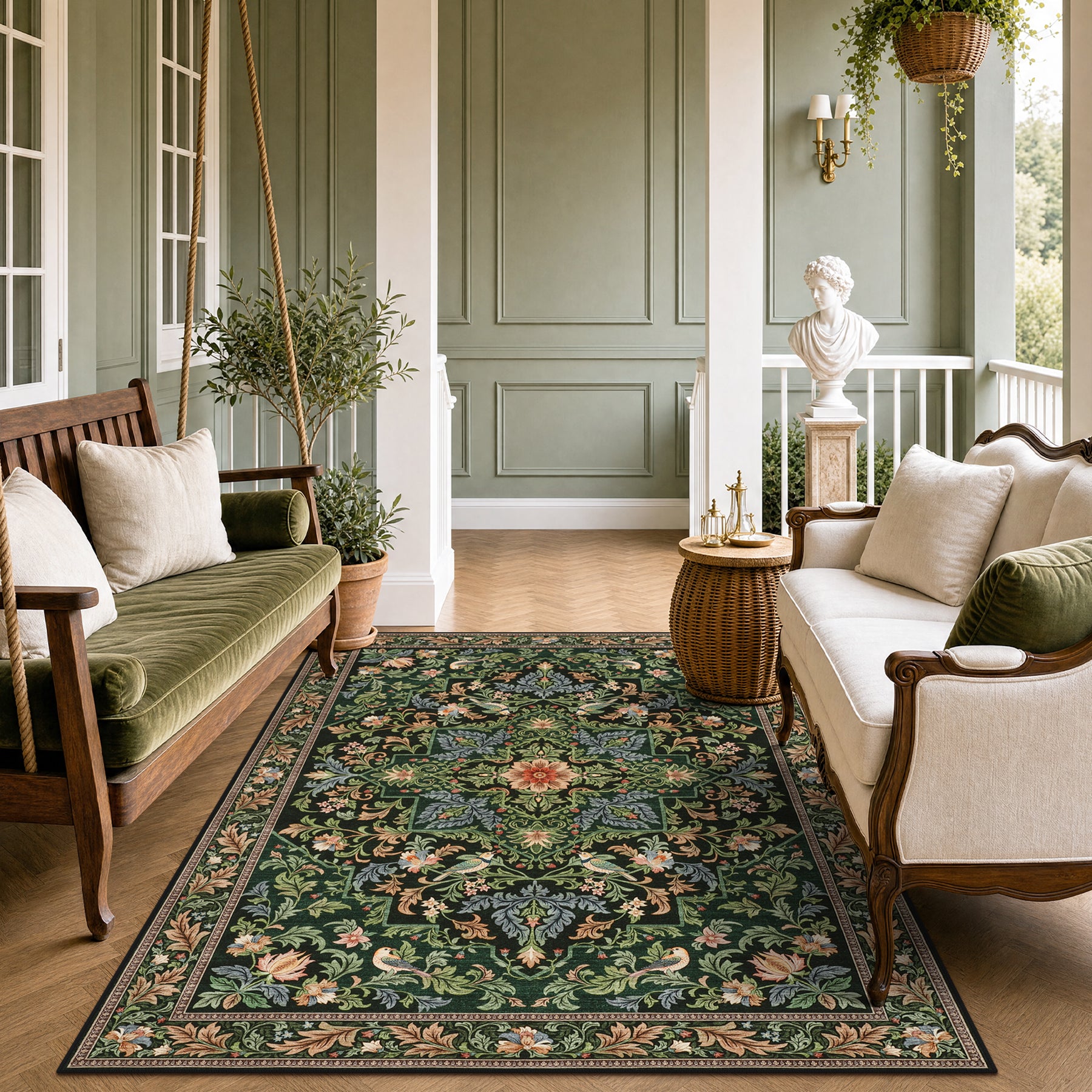 Floral Bird Area Rug, Machine Washable Boho Rug in Green & Blue, 5x7 / 8x10, Non-Slip Indoor Outdoor Living Room