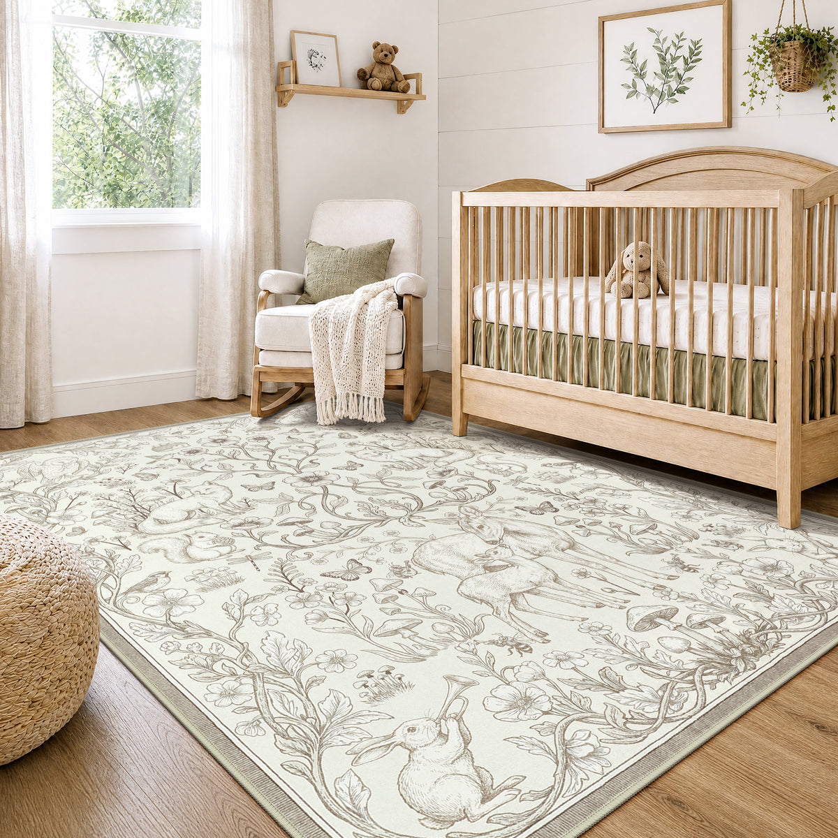 Whimsical Woodland Botanical Area Rug, Soft Low Pile Washable Non Slip Indoor Carpet