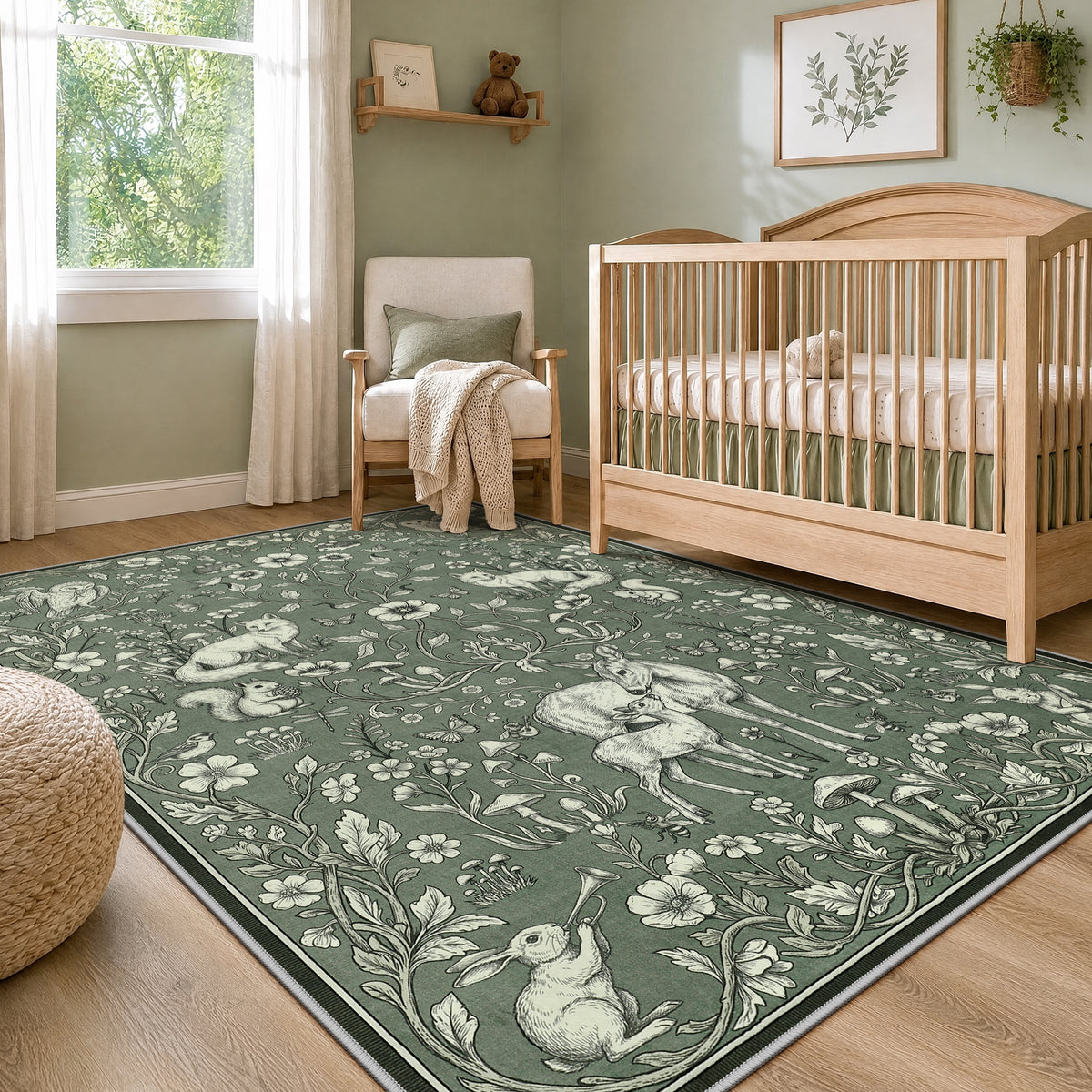 Whimsical Woodland Botanical Area Rug, Soft Low Pile Washable Non Slip Indoor Carpet