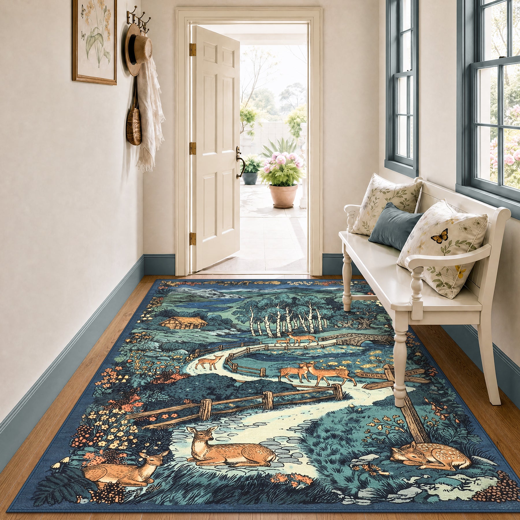 Washable Area Rug, Forest Deer Illustration Print, Non-Slip Soft Low-Pile, Living Room Animal Rug