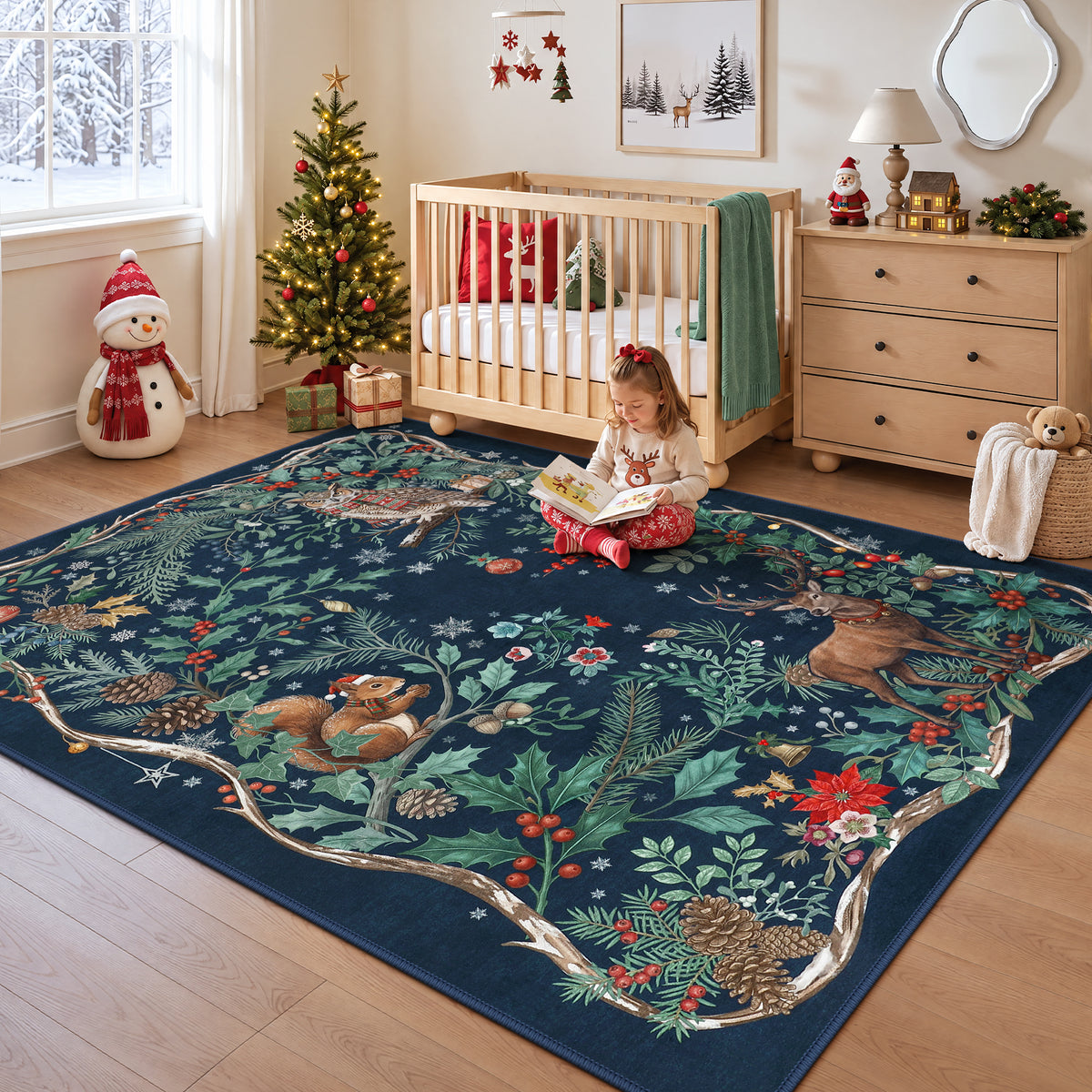 Christmas Tree Area Rug - Washable Non-Slip Holiday Carpet for Living Room Bedroom