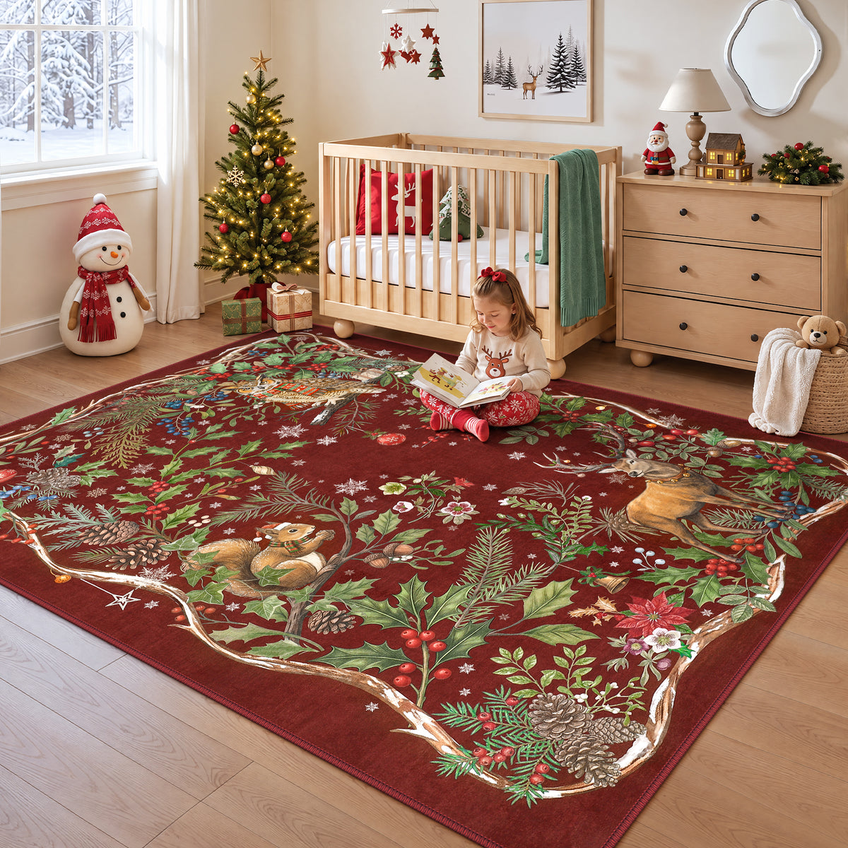 Christmas Tree Area Rug - Washable Non-Slip Holiday Carpet for Living Room Bedroom