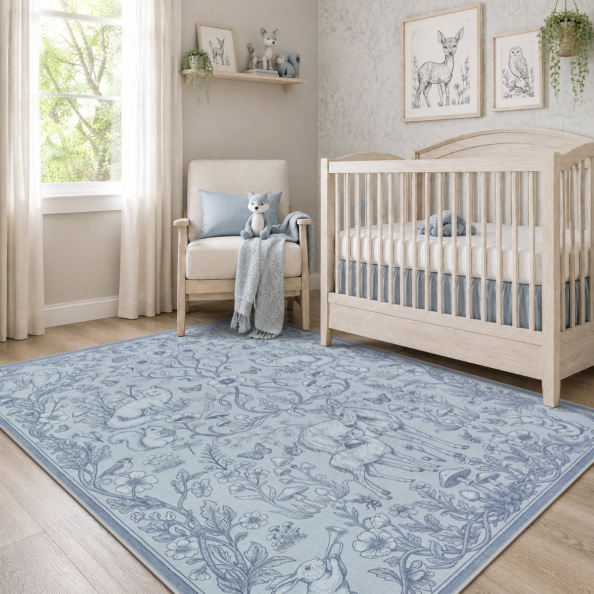 Whimsical Woodland Botanical Area Rug, Soft Low Pile Washable Non Slip Indoor Carpet