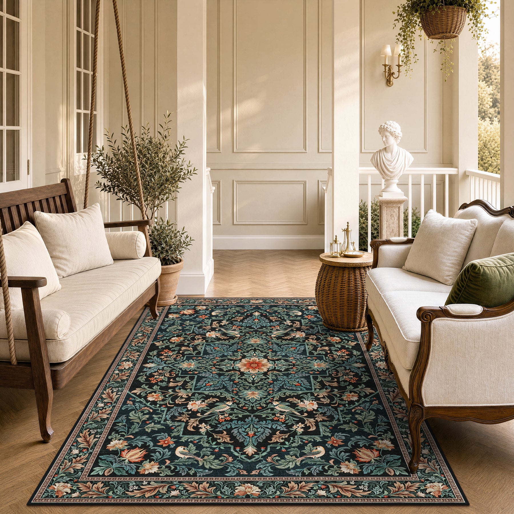 Floral Bird Area Rug, Machine Washable Boho Rug in Green & Blue, 5x7 / 8x10, Non-Slip Indoor Outdoor Living Room