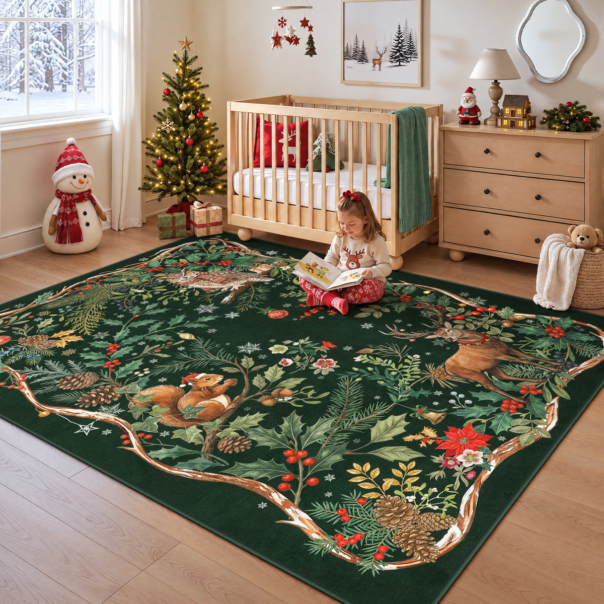 Christmas Tree Area Rug - Washable Non-Slip Holiday Carpet for Living Room Bedroom
