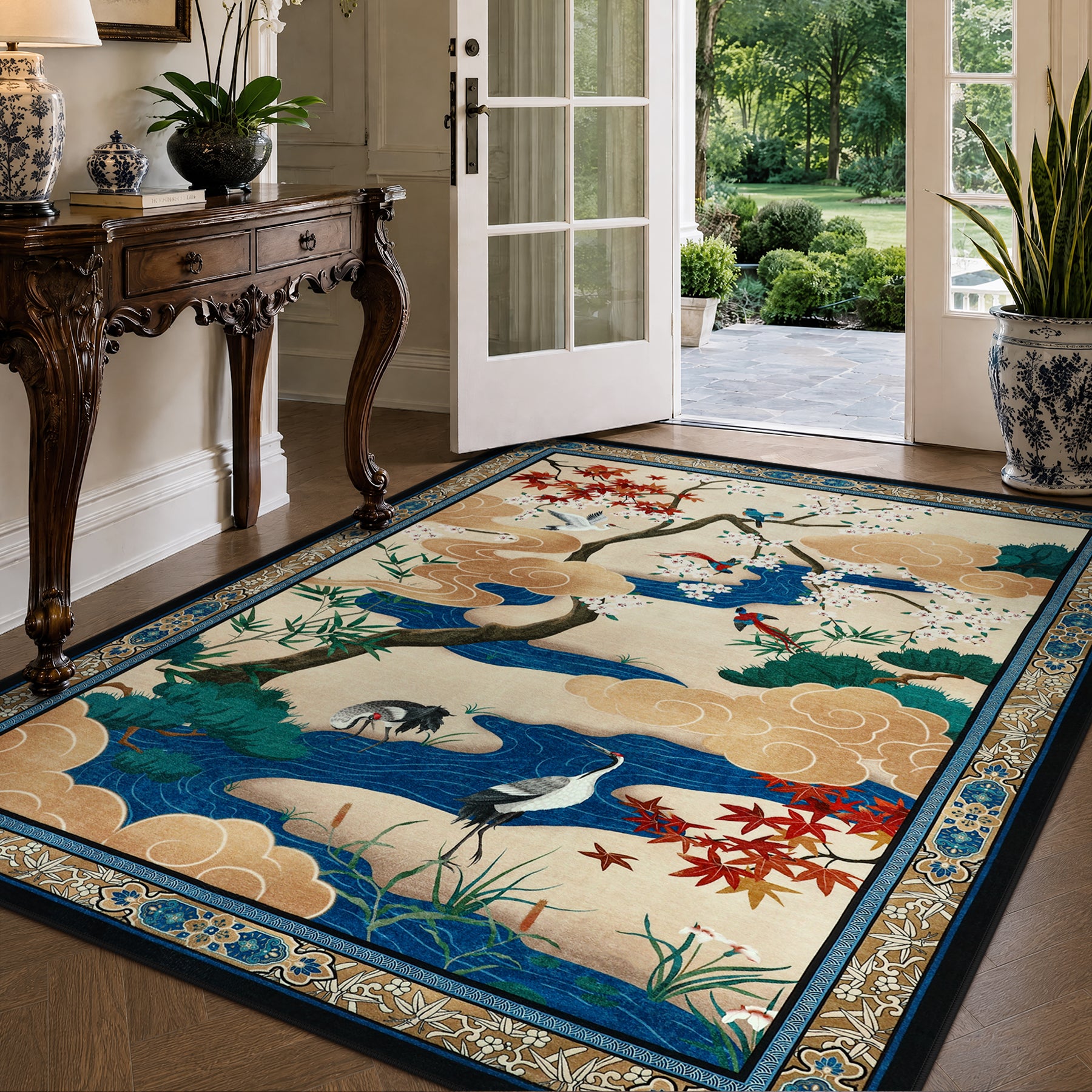 Floral Cherry Blossom Oriental Rug – Soft Non-Slip Washable Carpet for Living Room, Bedroom, Oeko-Tex Certified