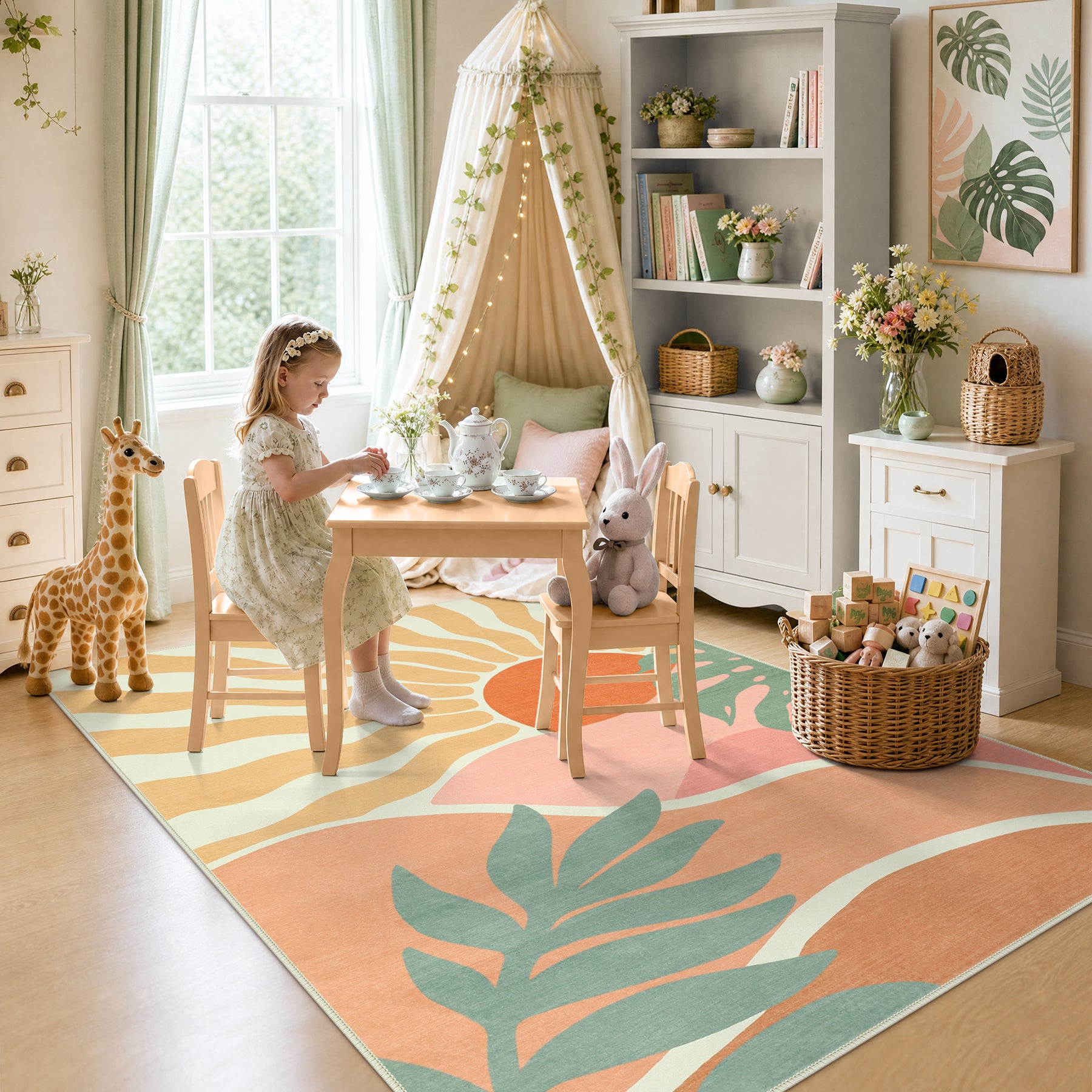 Boho Sun Area Rug, Machine Washable Faux Wool Rug, Non-Slip, Kid & Pet Friendly, Washable Living Room Carpet