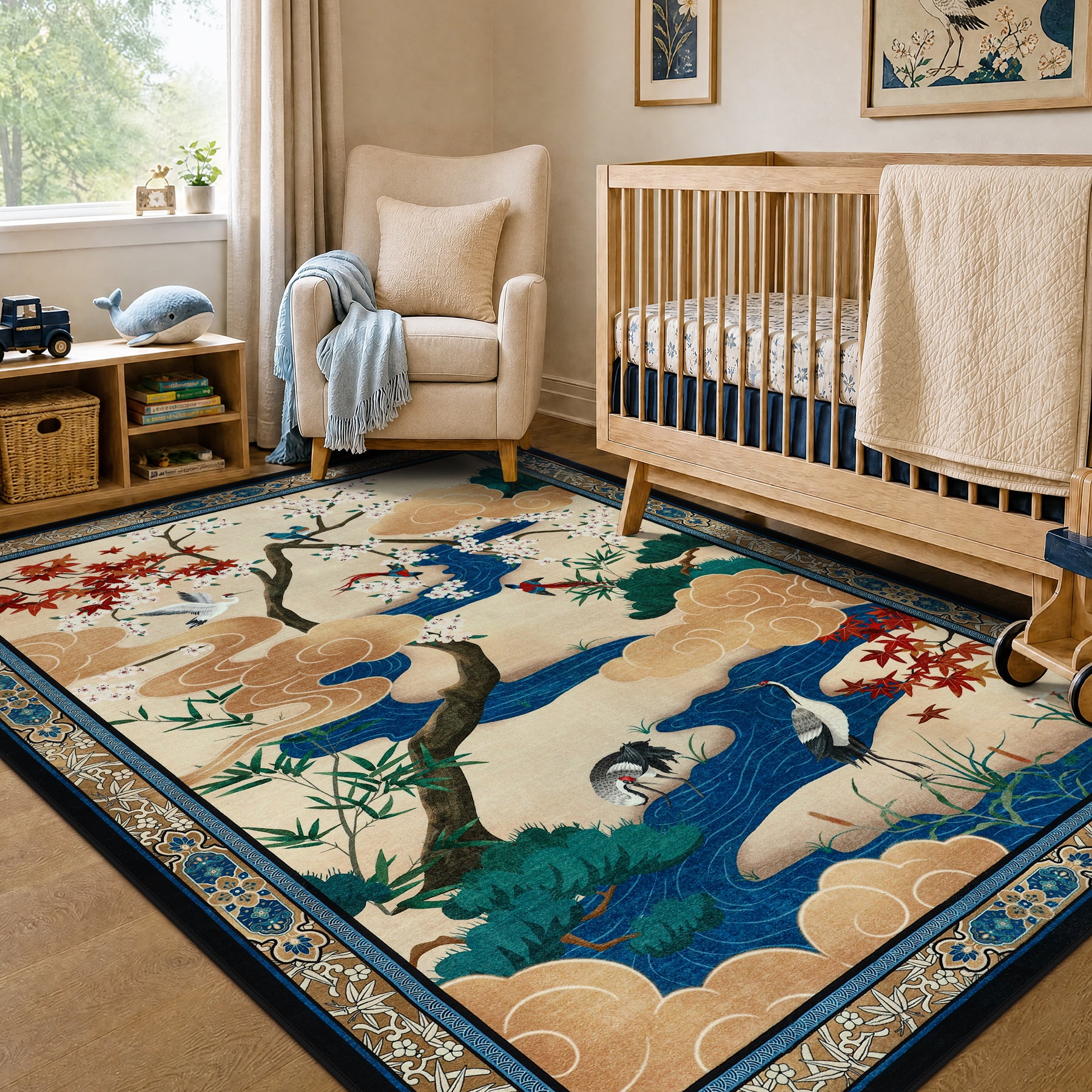 Floral Cherry Blossom Oriental Rug – Soft Non-Slip Washable Carpet for Living Room, Bedroom, Oeko-Tex Certified
