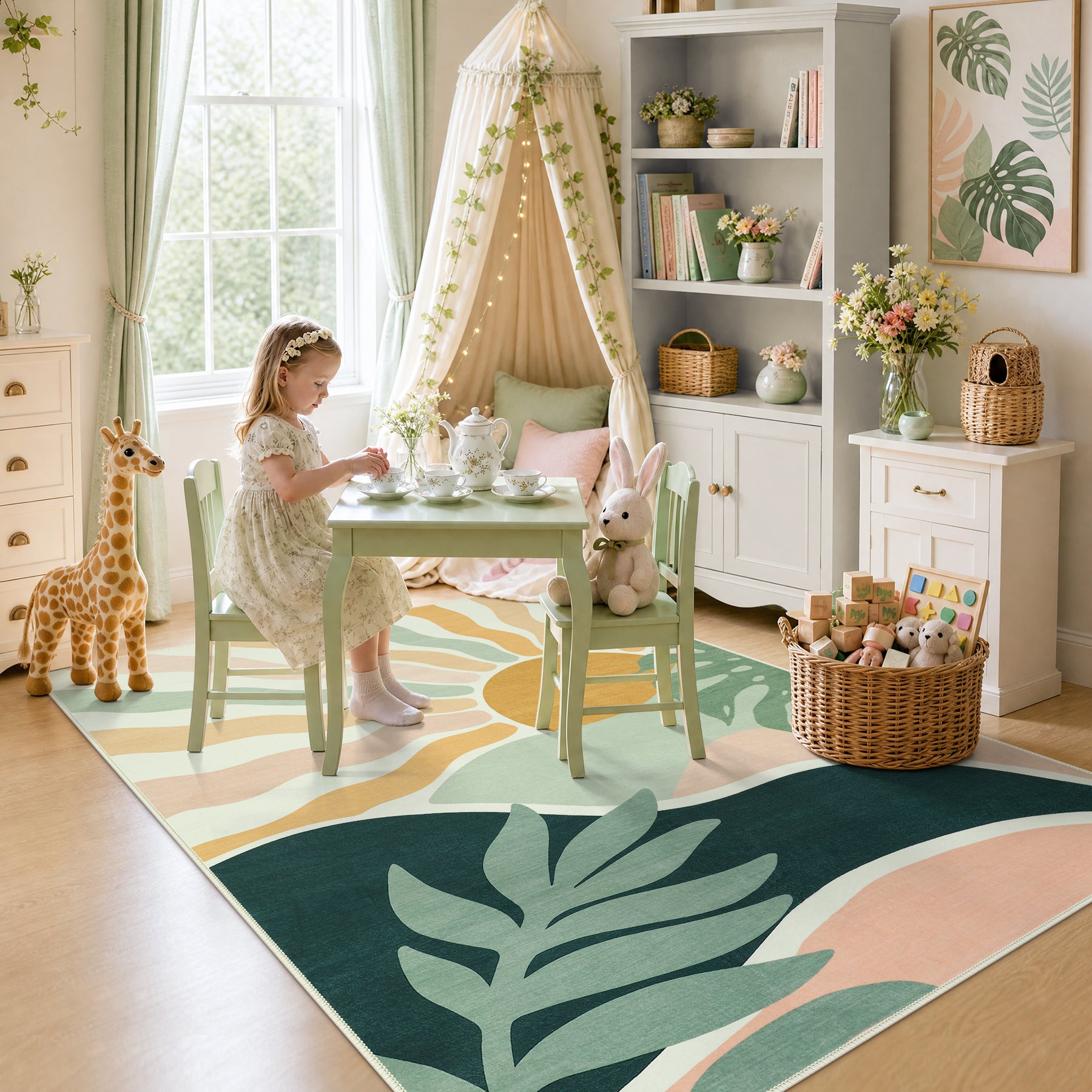 Boho Sun Area Rug, Machine Washable Faux Wool Rug, Non-Slip, Kid & Pet Friendly, Washable Living Room Carpet