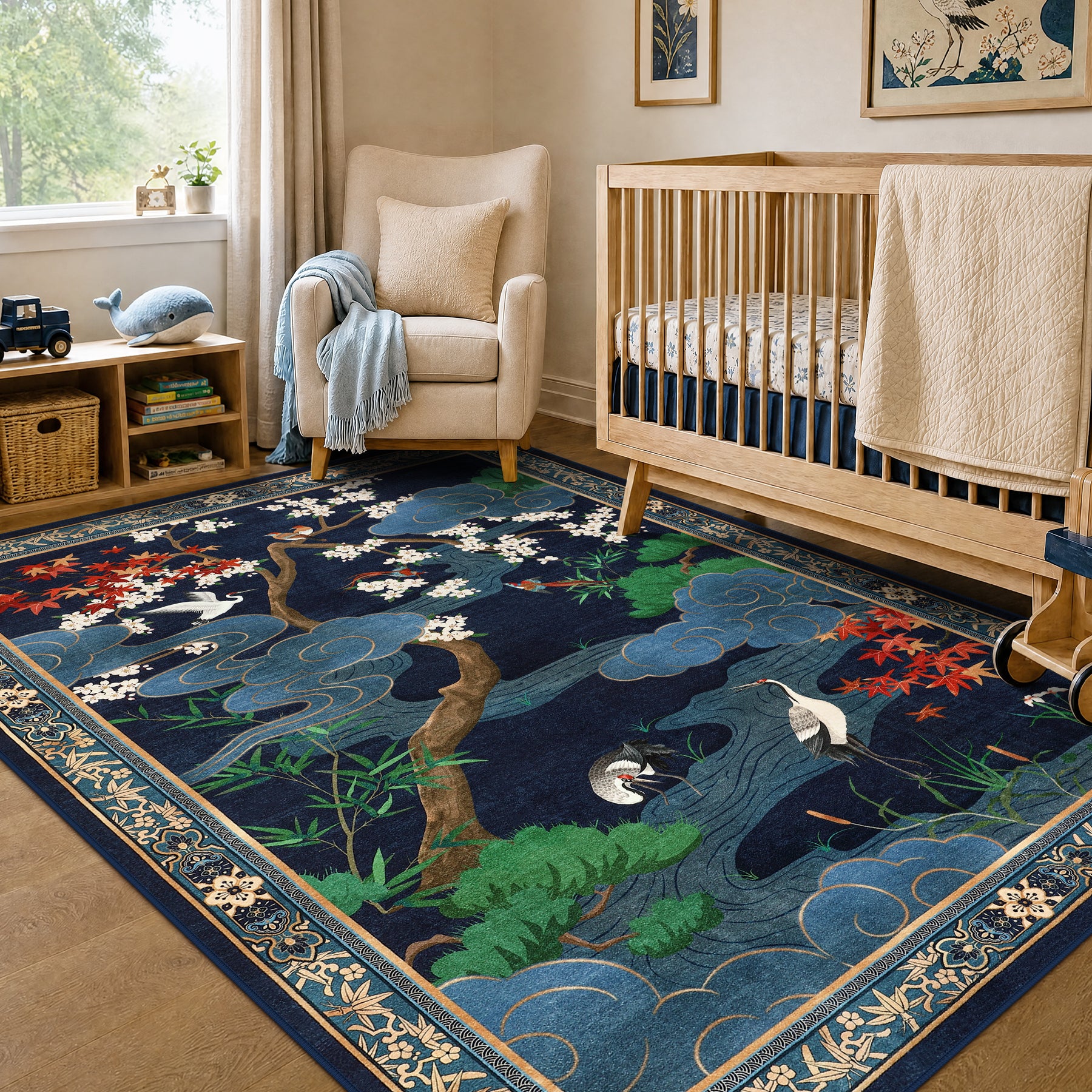 Floral Cherry Blossom Oriental Rug – Soft Non-Slip Washable Carpet for Living Room, Bedroom, Oeko-Tex Certified