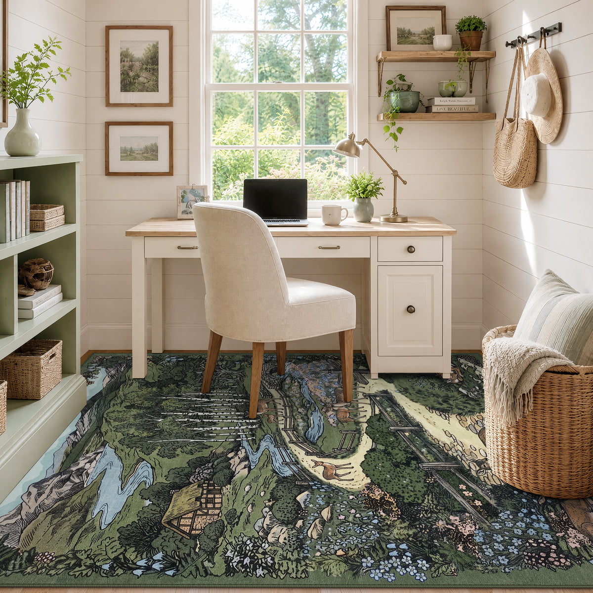 Washable Area Rug, Forest Deer Illustration Print, Non-Slip Soft Low-Pile, Living Room Animal Rug