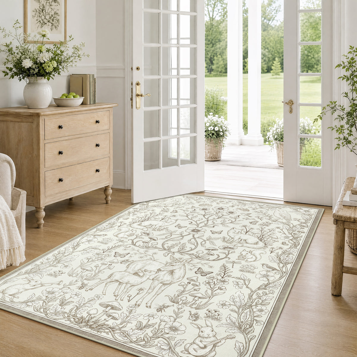 Whimsical Woodland Botanical Area Rug, Soft Low Pile Washable Non Slip Indoor Carpet