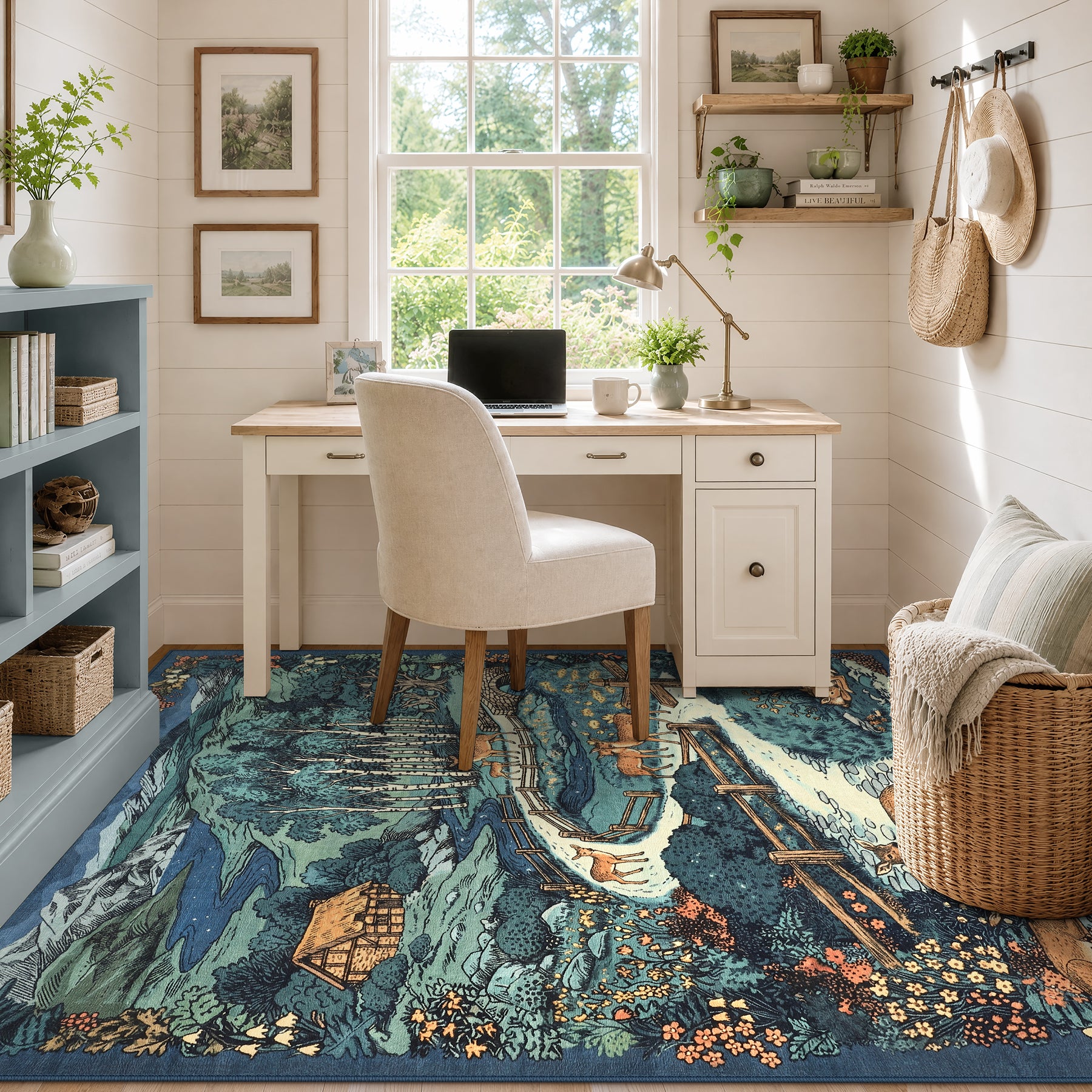 Washable Area Rug, Forest Deer Illustration Print, Non-Slip Soft Low-Pile, Living Room Animal Rug