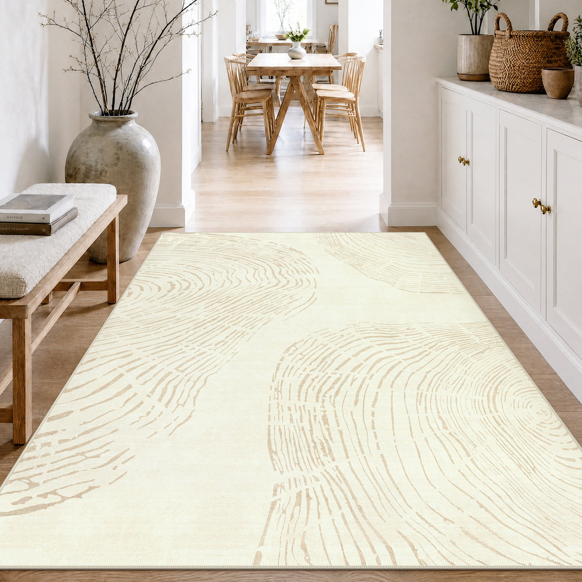 Abstract Machine Washable Area Rug, Soft Boho Minimalist Non-Slip Low Pile Carpet, Oeko-Tex Certified
