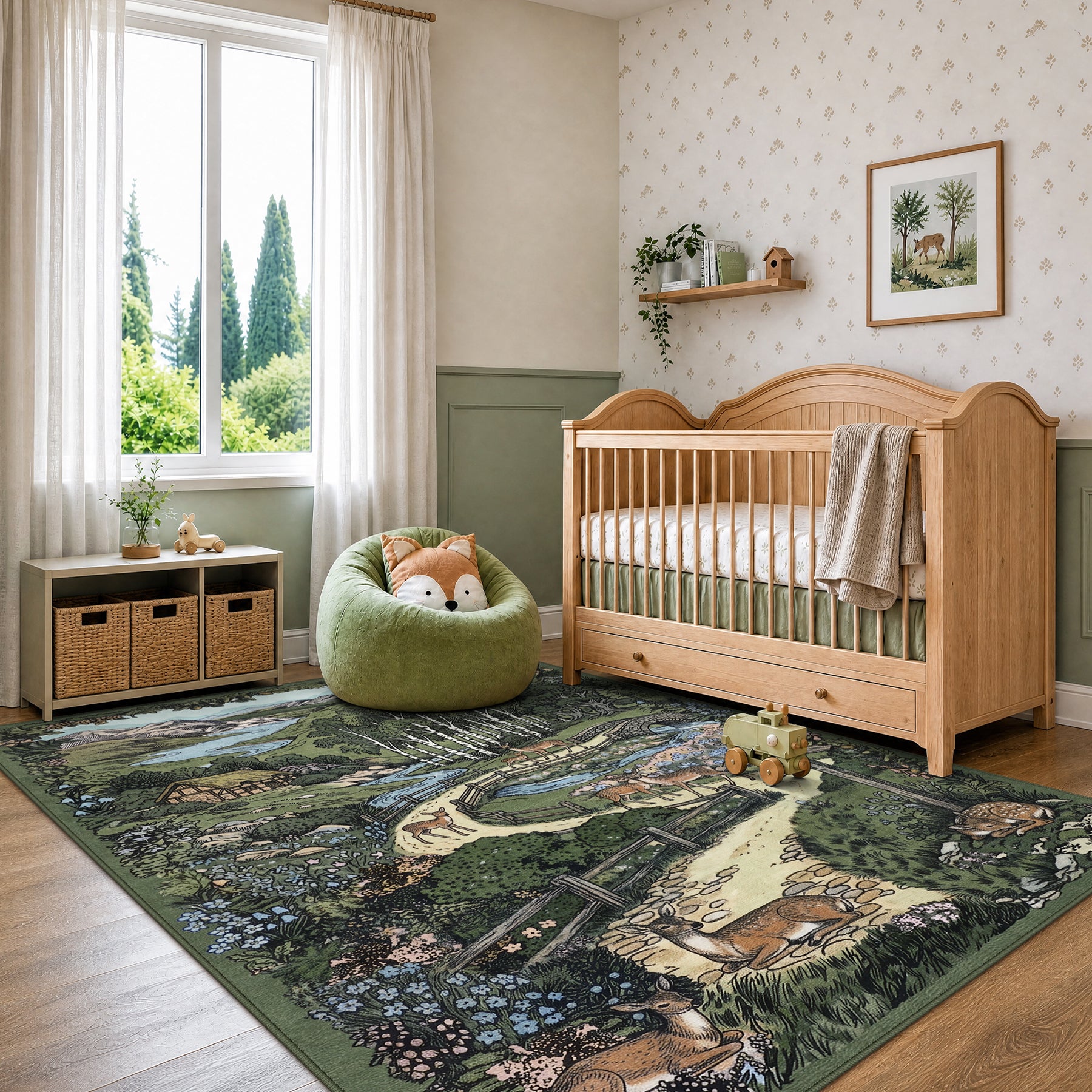 Washable Area Rug, Forest Deer Illustration Print, Non-Slip Soft Low-Pile, Living Room Animal Rug