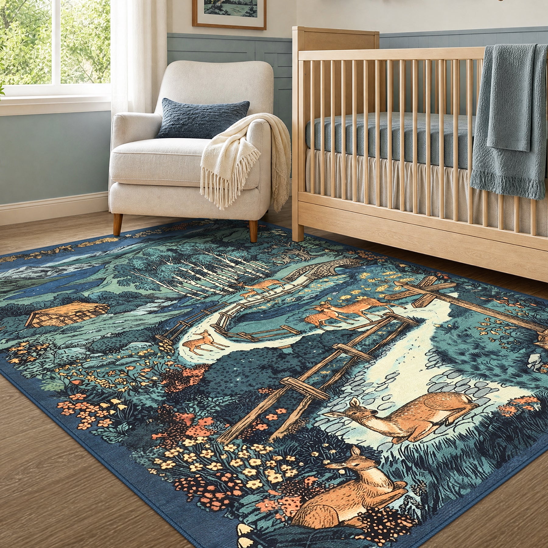 Washable Area Rug, Forest Deer Illustration Print, Non-Slip Soft Low-Pile, Living Room Animal Rug