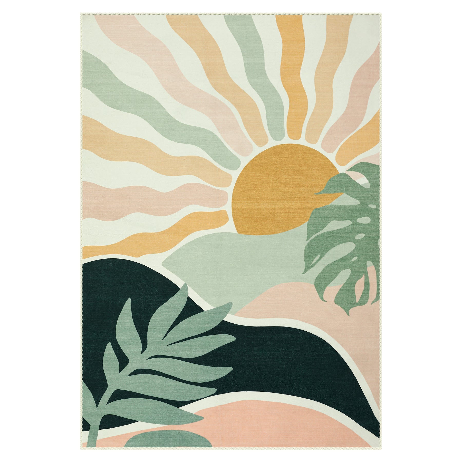Boho Sun Area Rug, Machine Washable Faux Wool Rug, Non-Slip, Kid & Pet Friendly, Washable Living Room Carpet