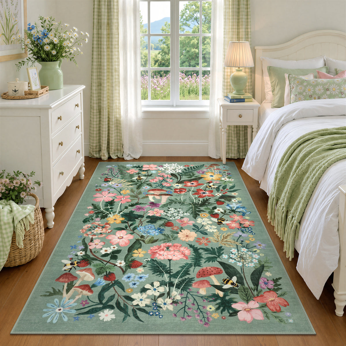 Washable Floral Area Rug, Non-Slip Low Pile Botanical Carpet